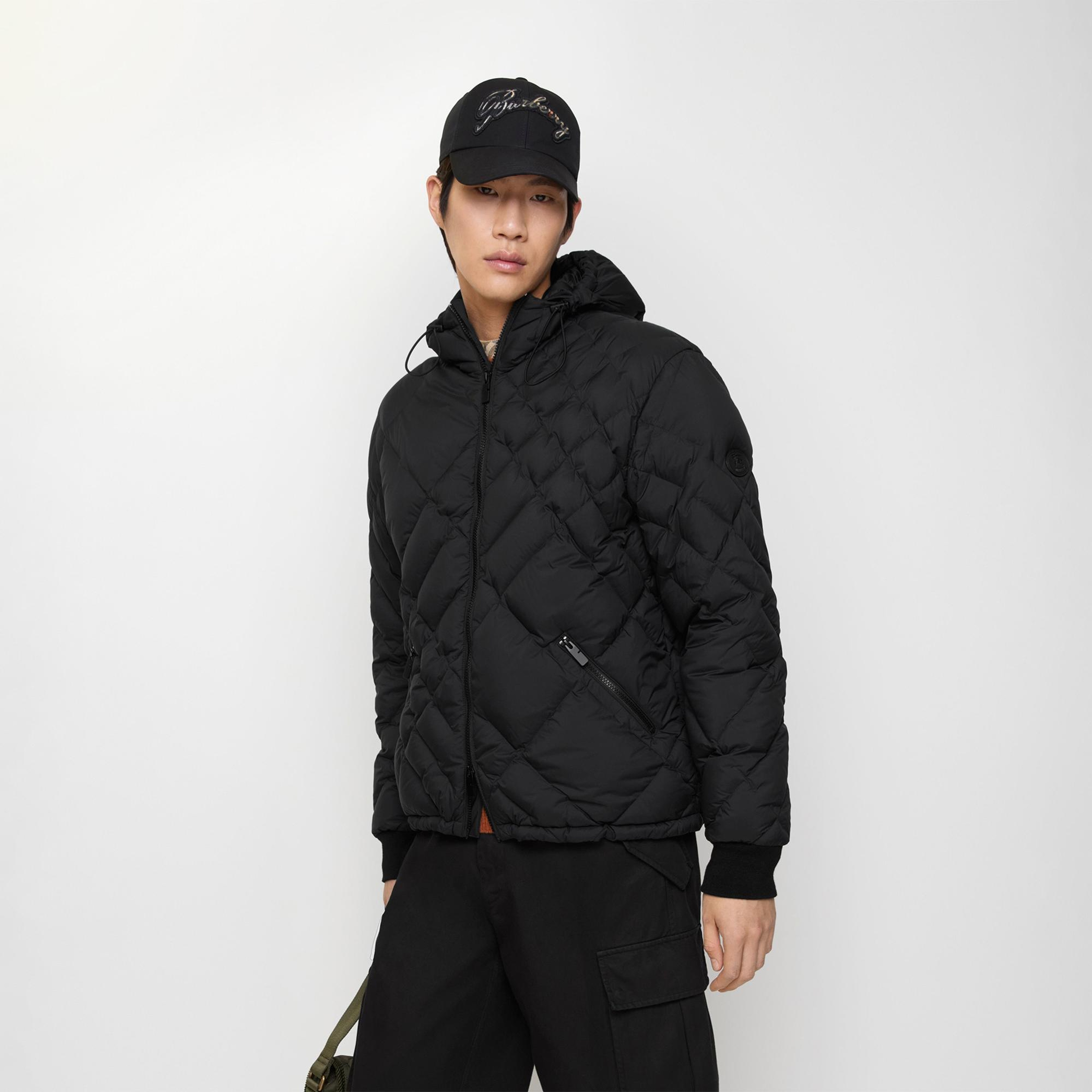 Burberry Check-Stitch Nylon Doversgreen Puffer Erkek Siyah Mont