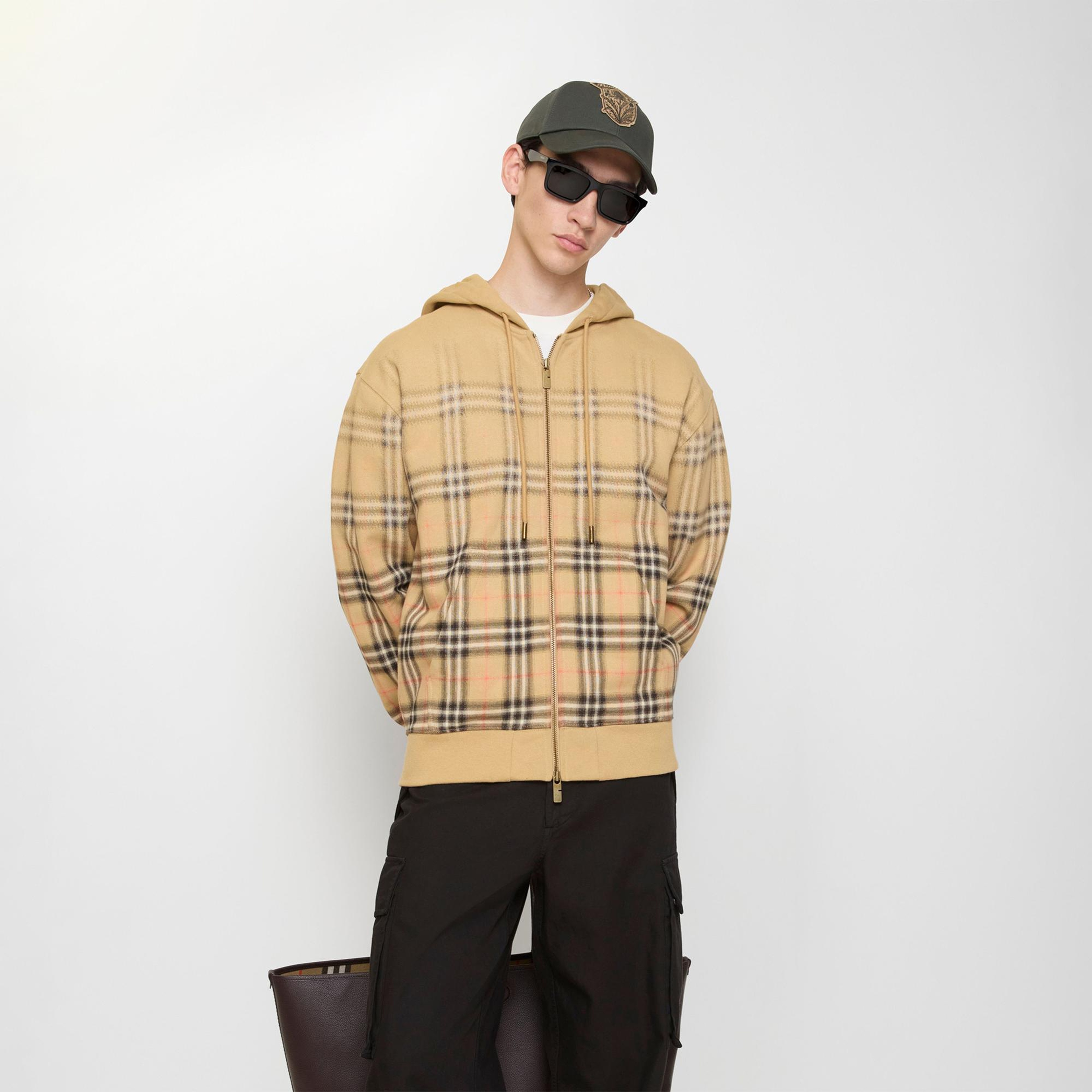 Burberry Gradient Check Cotton Zip Erkek Bej Hoodie