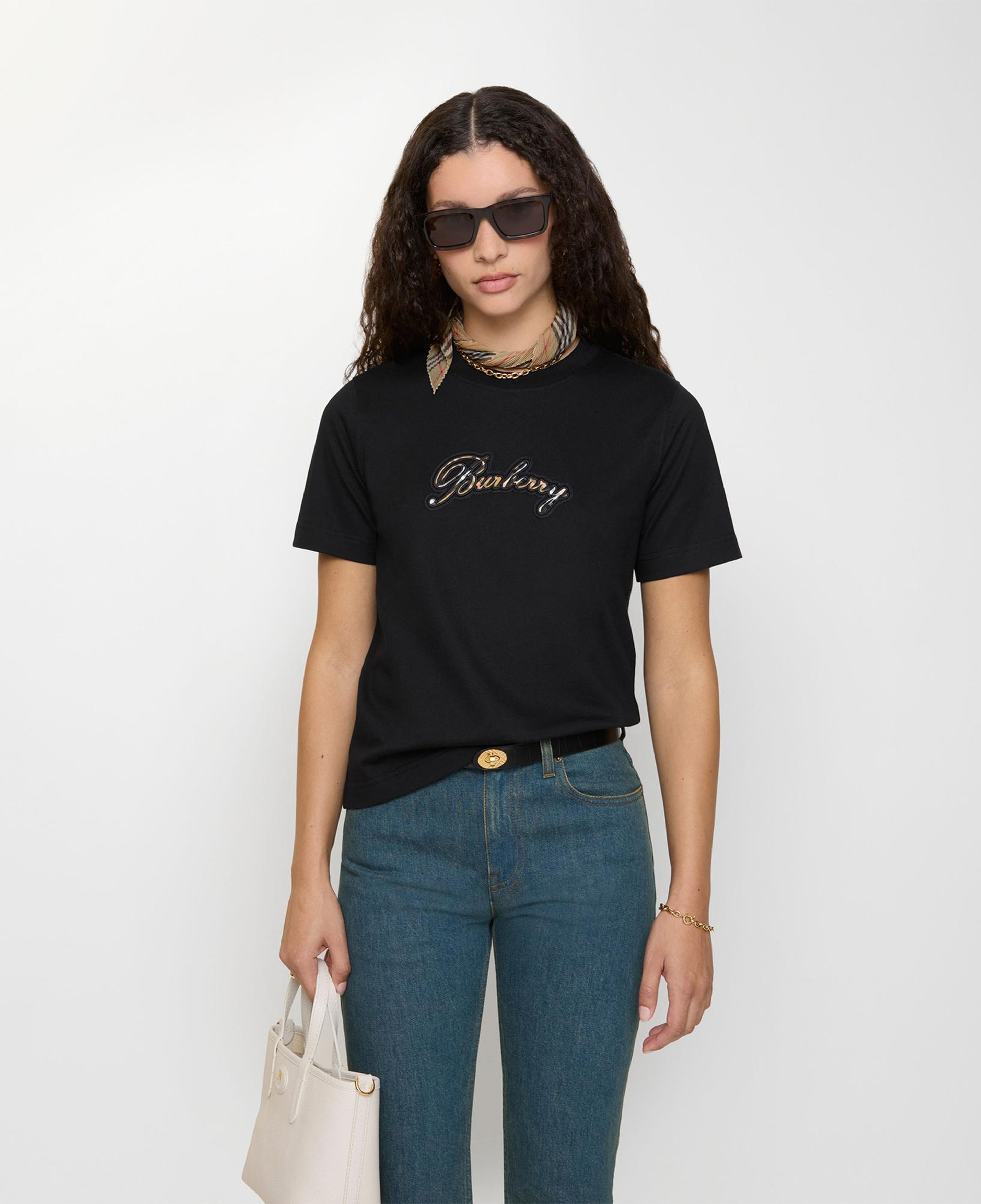Burberry Check Cursive Logo Cotton Kadın Siyah T-Shirt