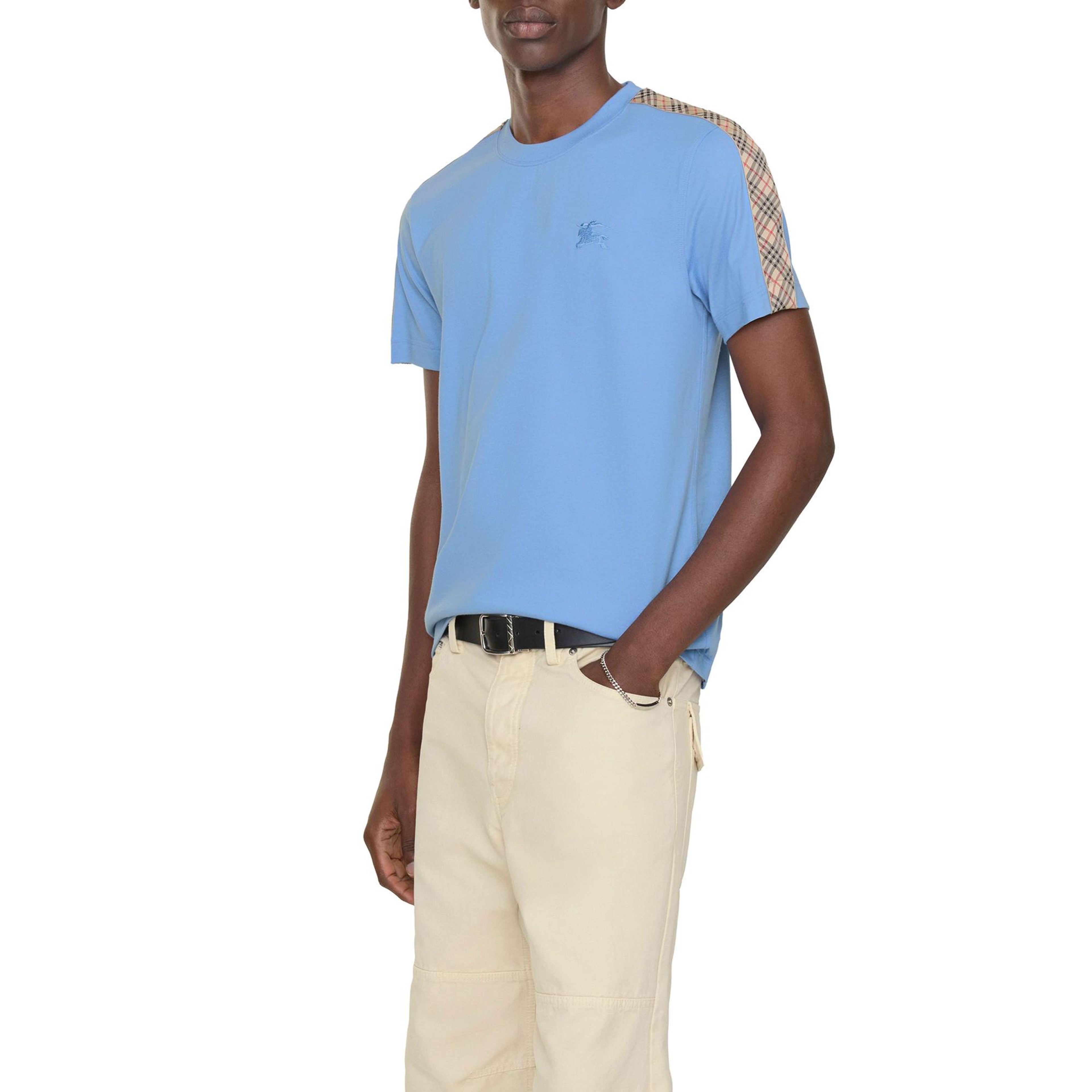 Burberry Check Trim Cotton Erkek Mavi T-Shirt