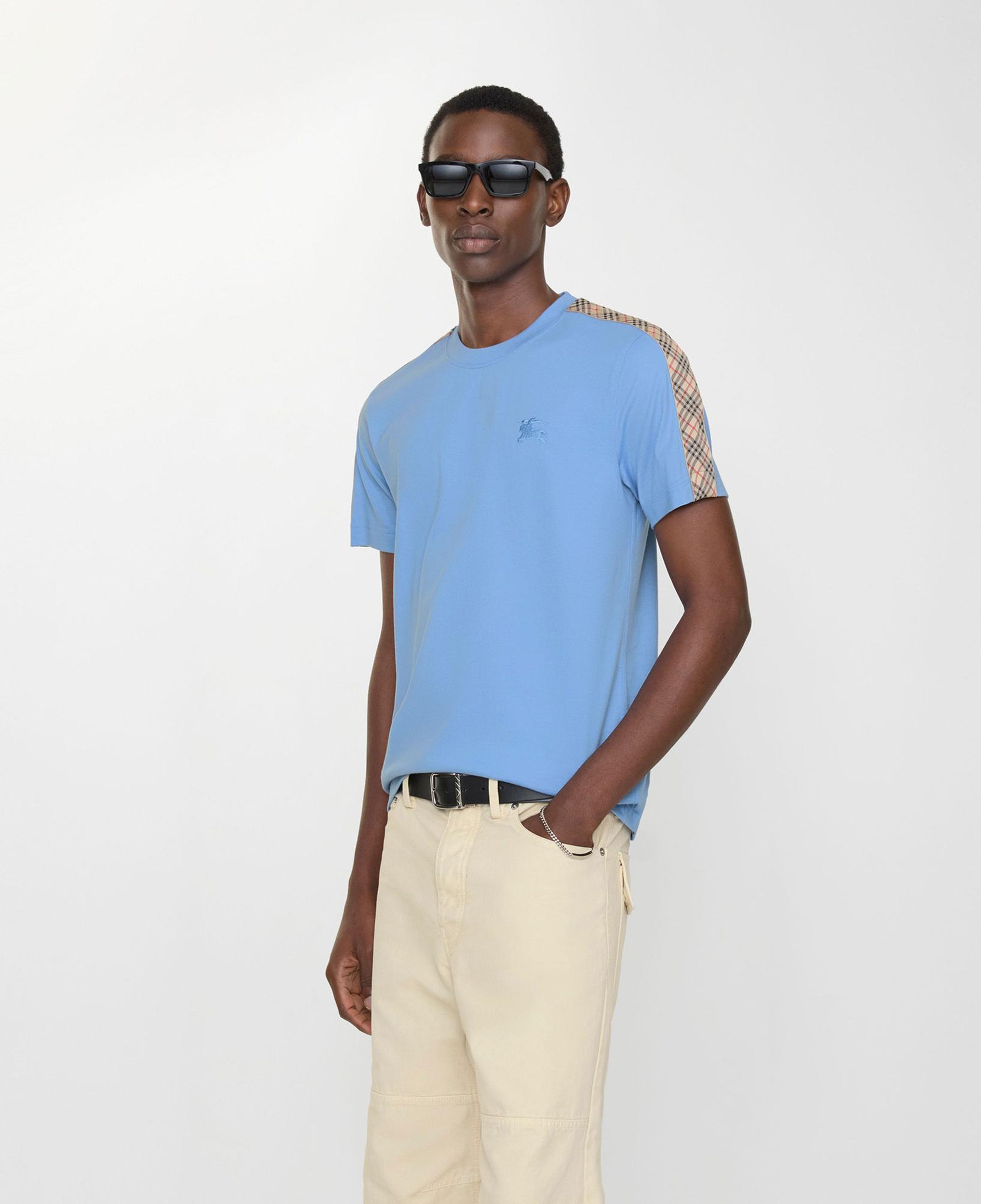 Burberry Check Trim Cotton Erkek Mavi T-Shirt