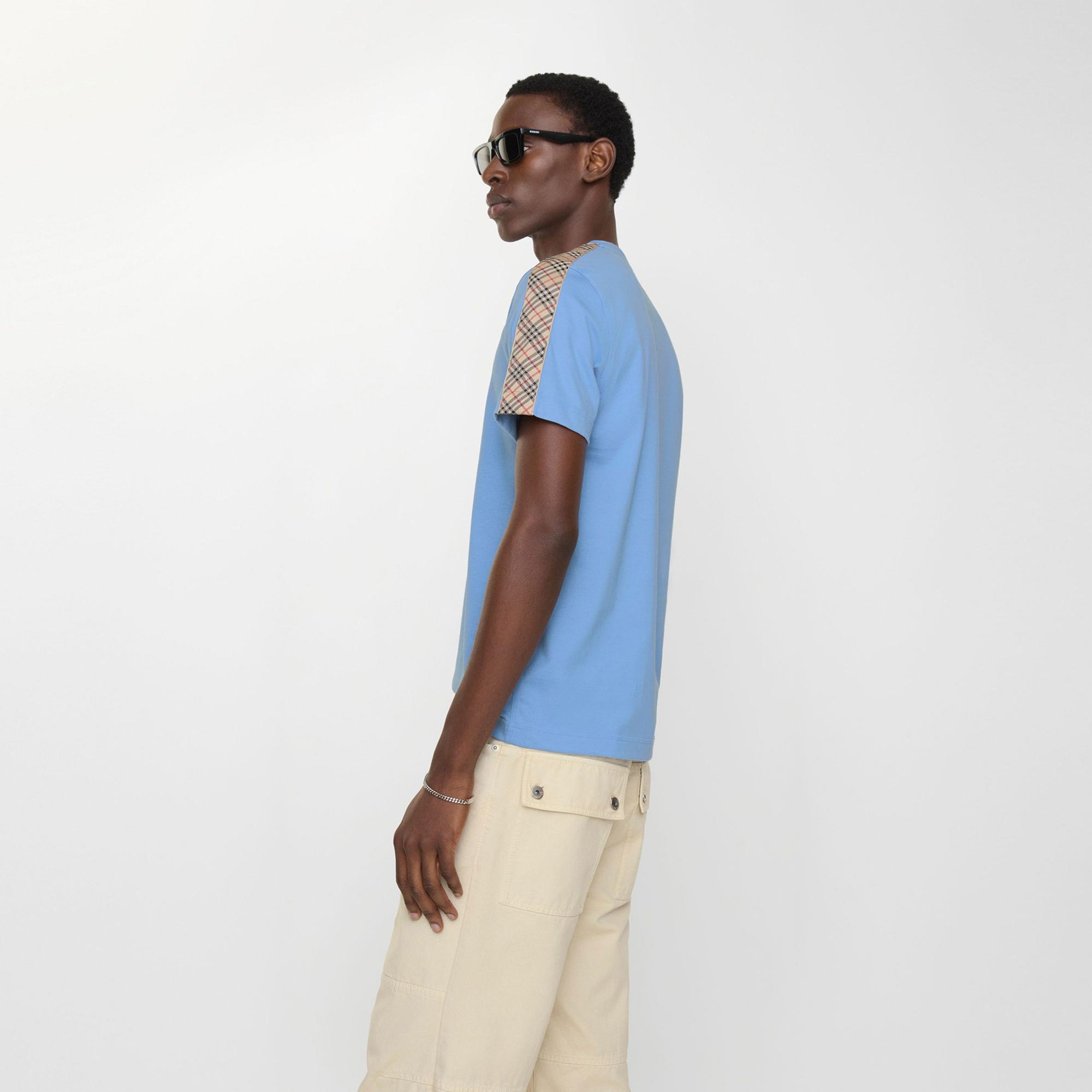 Burberry Check Trim Cotton Erkek Mavi T-Shirt