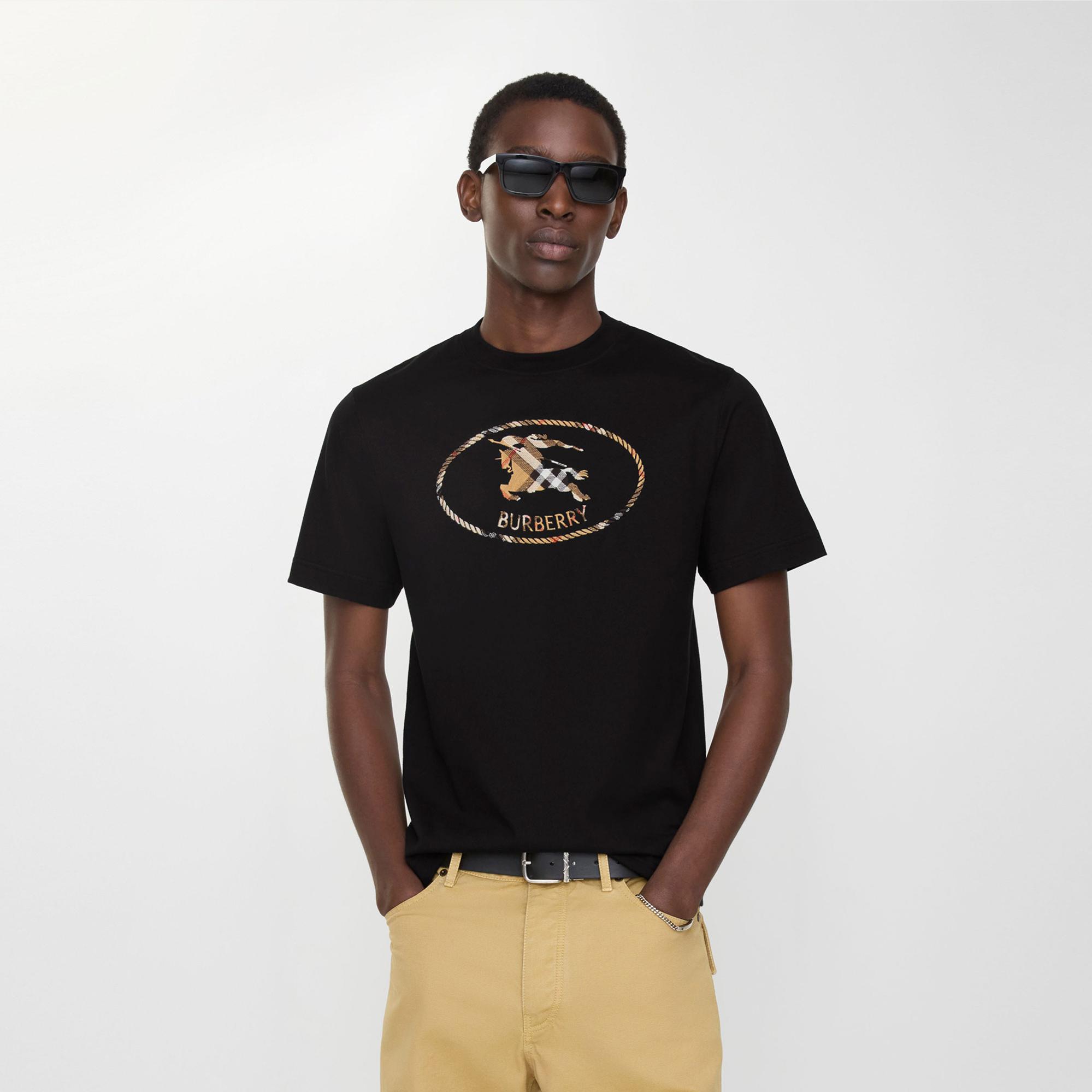 Burberry Check Knight Stamp Cotton Erkek Siyah T-Shirt