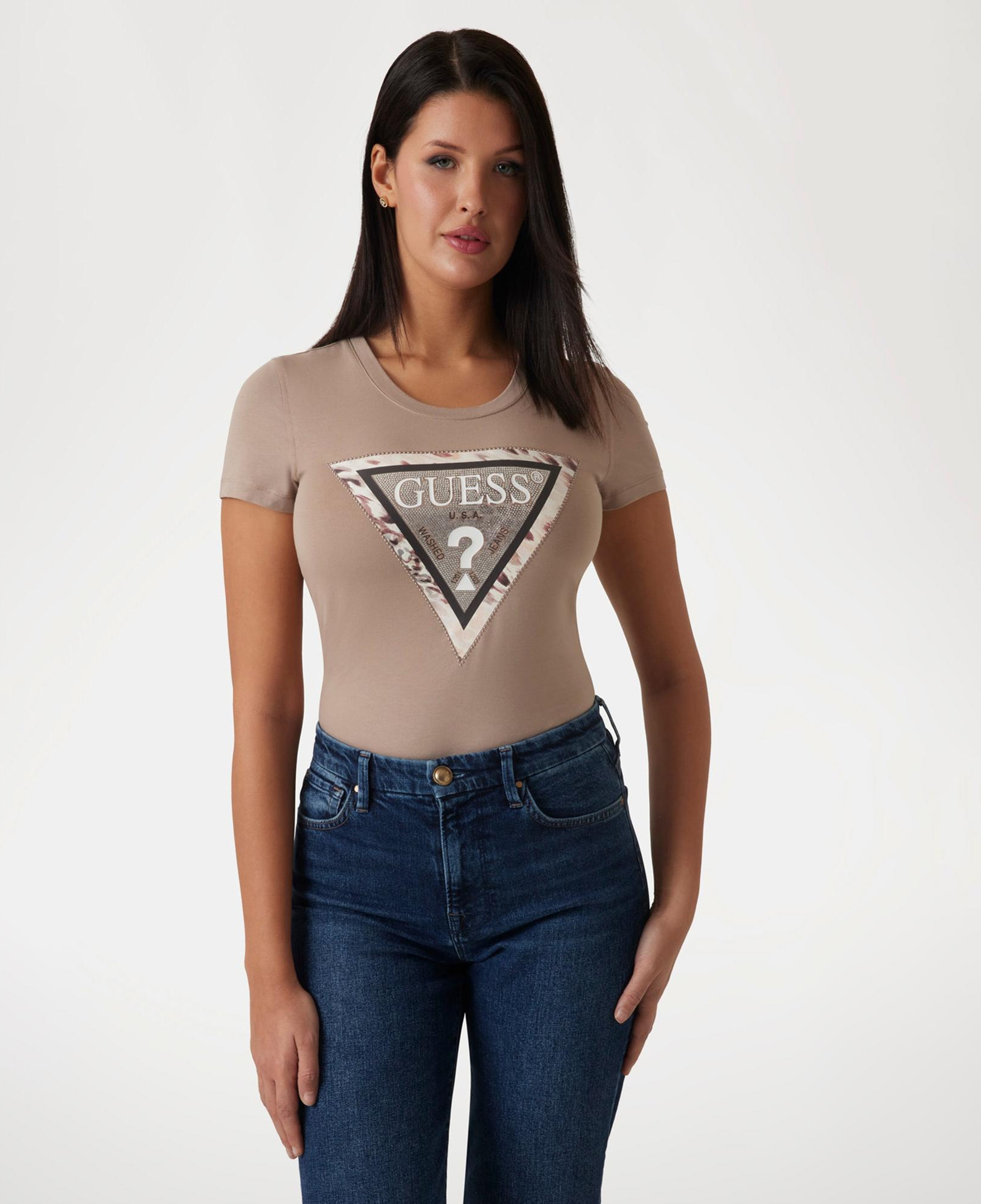 Guess Cheeta Logo Mid Organic Kadın Bej T-Shirt