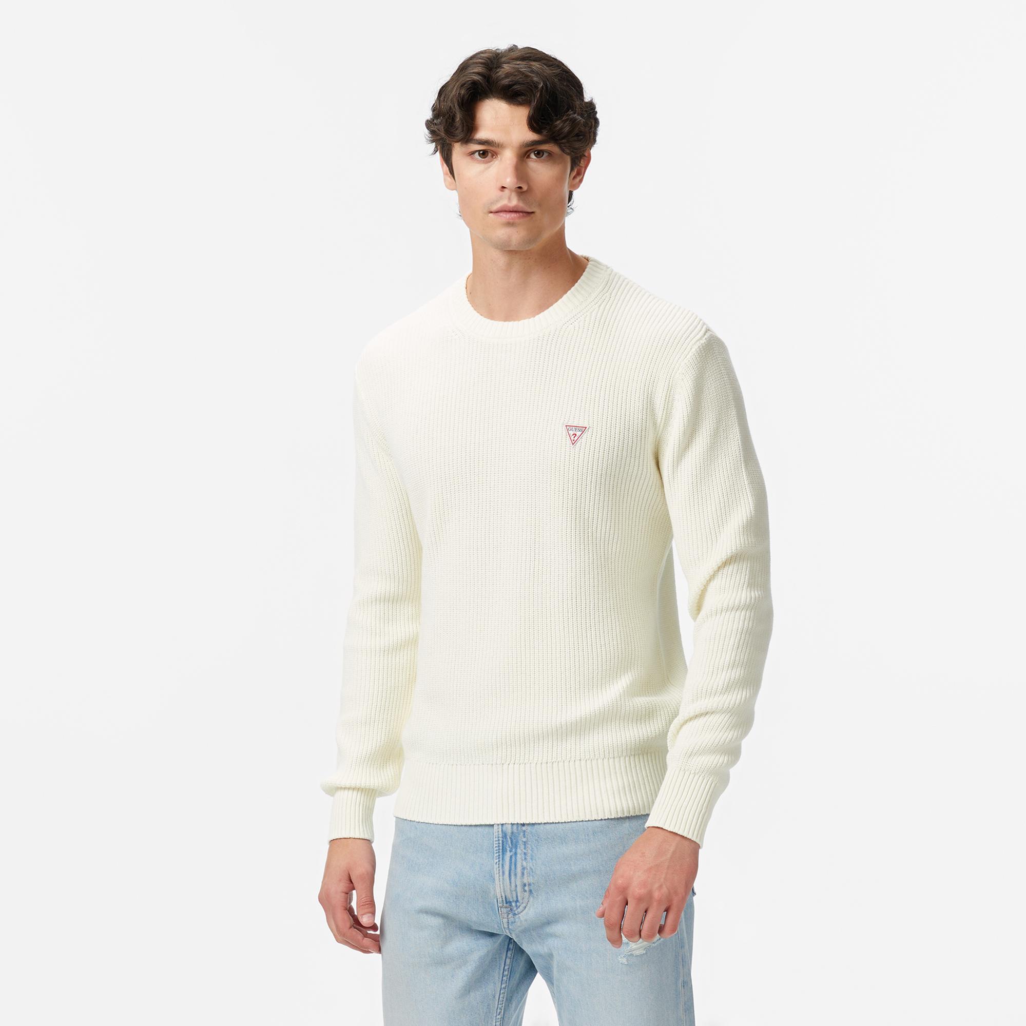 Guess Mini Üçgen Logolu Erkek Beyaz Kazak