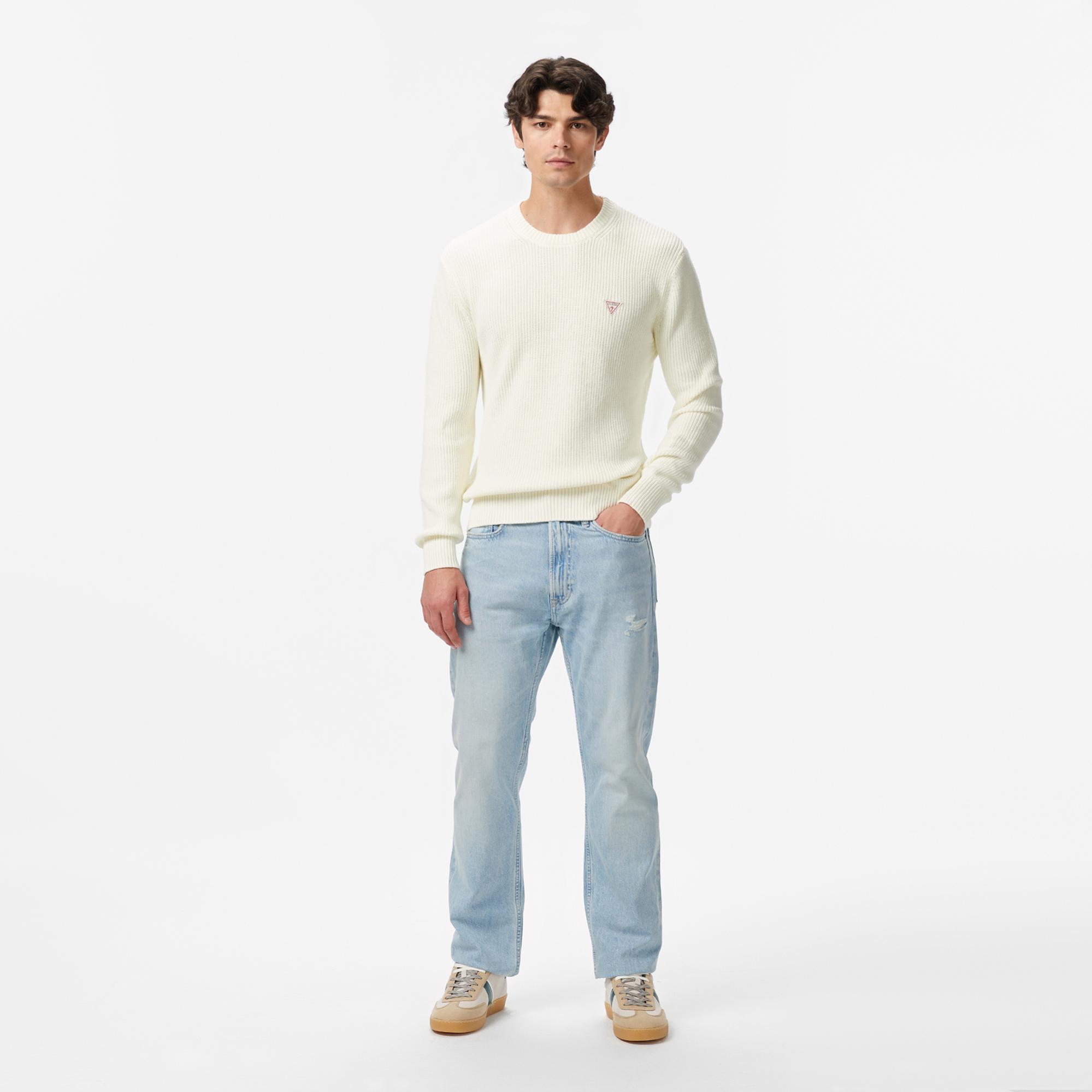 Guess Mini Üçgen Logolu Erkek Beyaz Kazak