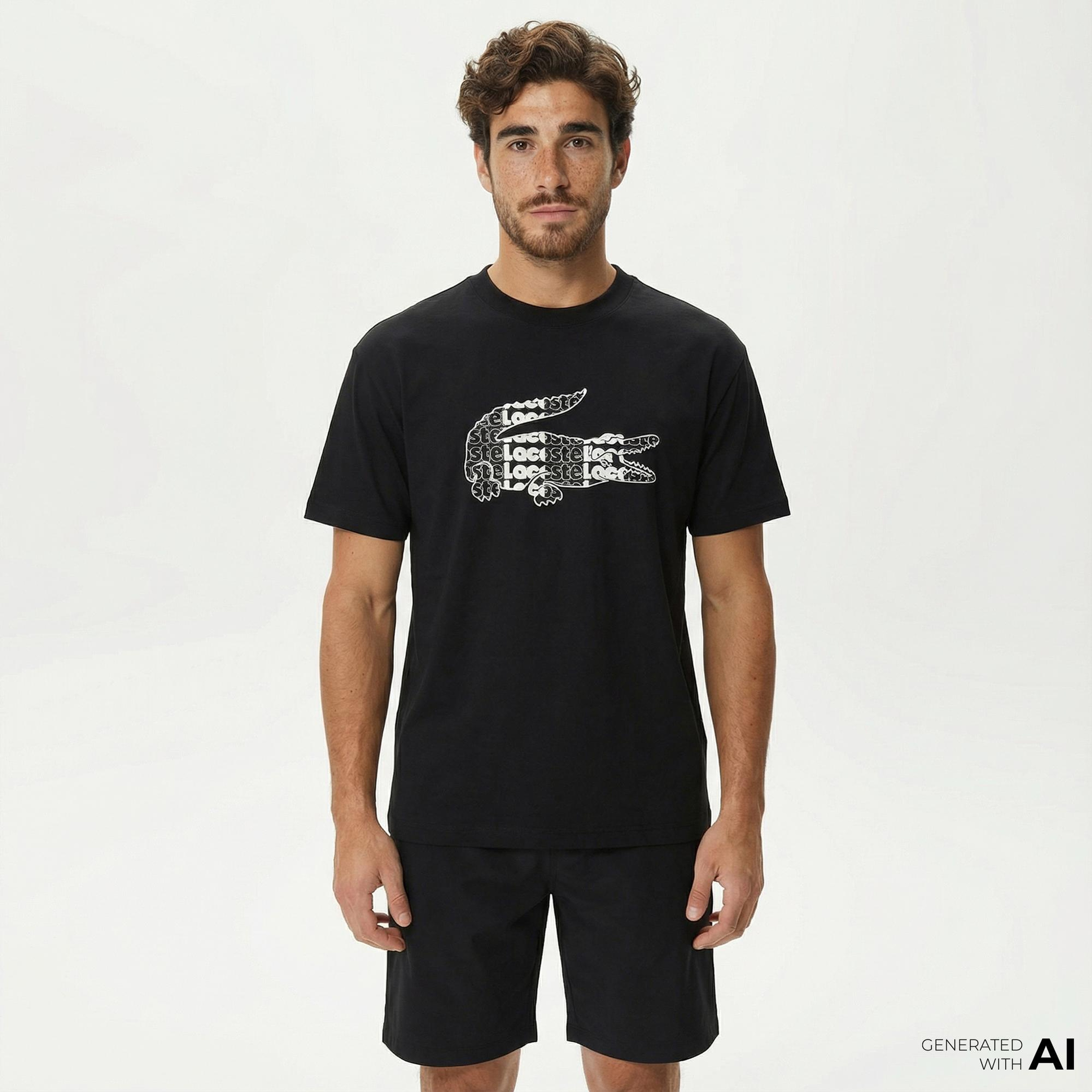 Lacoste Erkek Relaxed Fit Bisiklet Yaka Baskılı Siyah T-Shirt