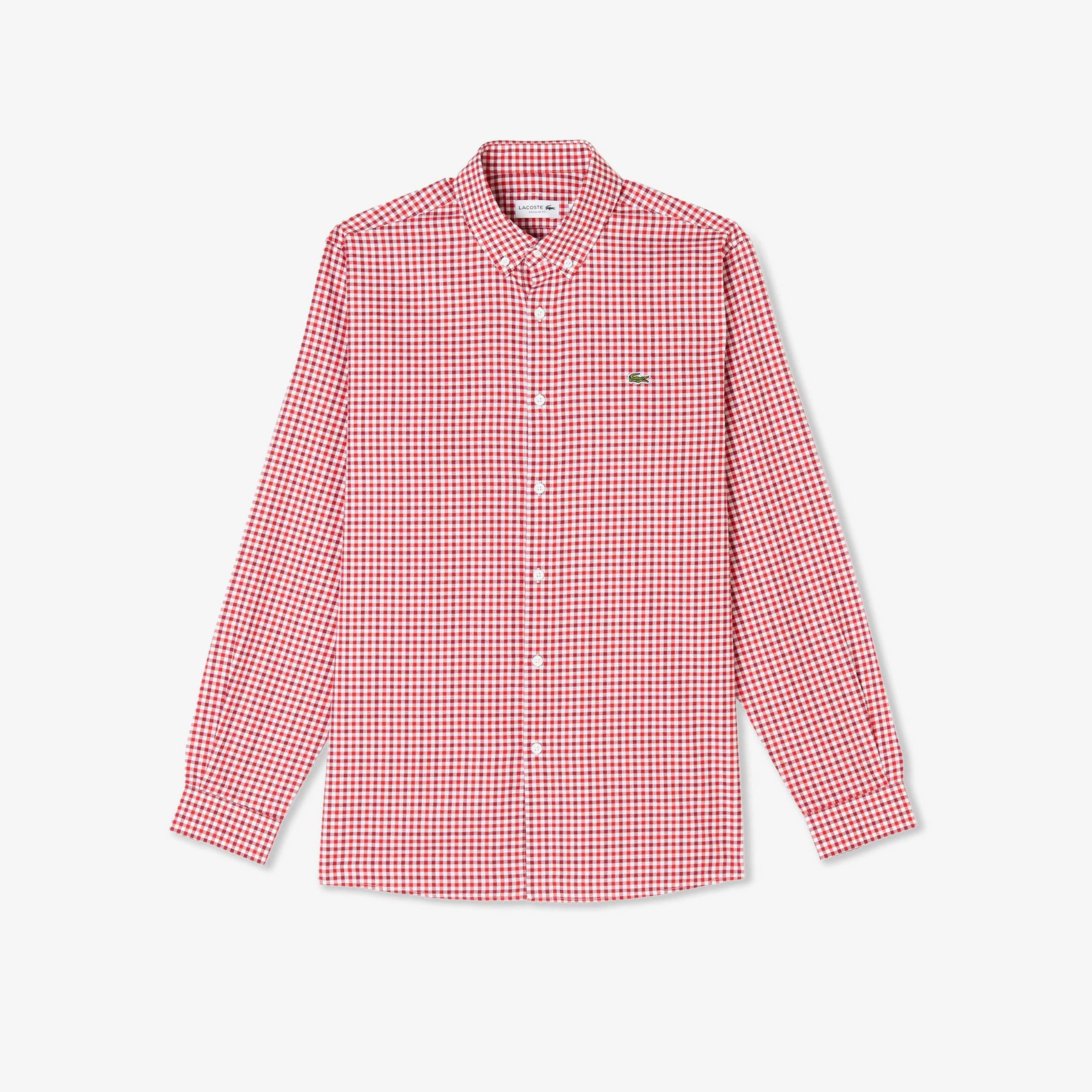 Lacoste Erkek Regular Fit Düğmeli Yaka Kareli Kırmızı Gömlek