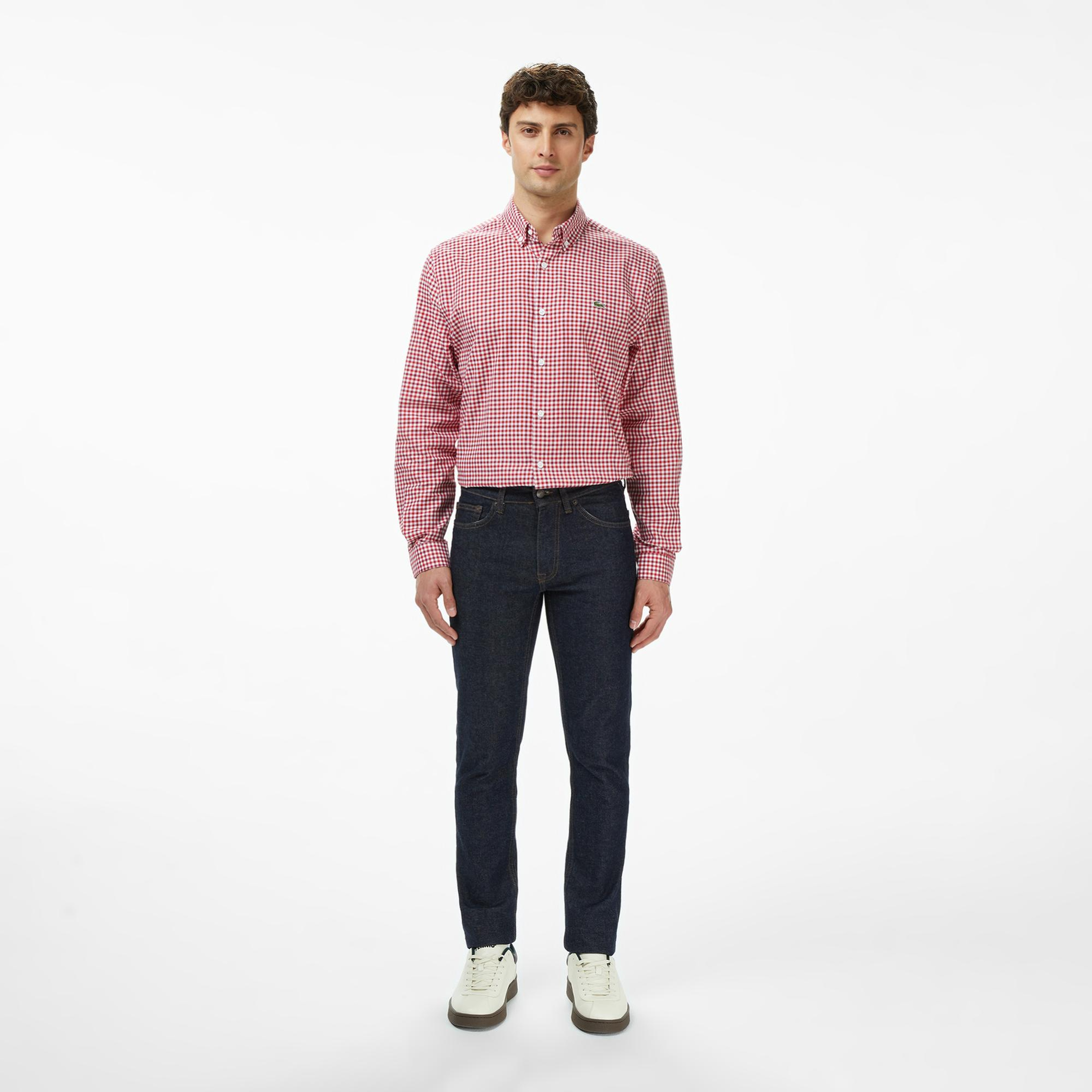 Lacoste Erkek Regular Fit Düğmeli Yaka Kareli Kırmızı Gömlek