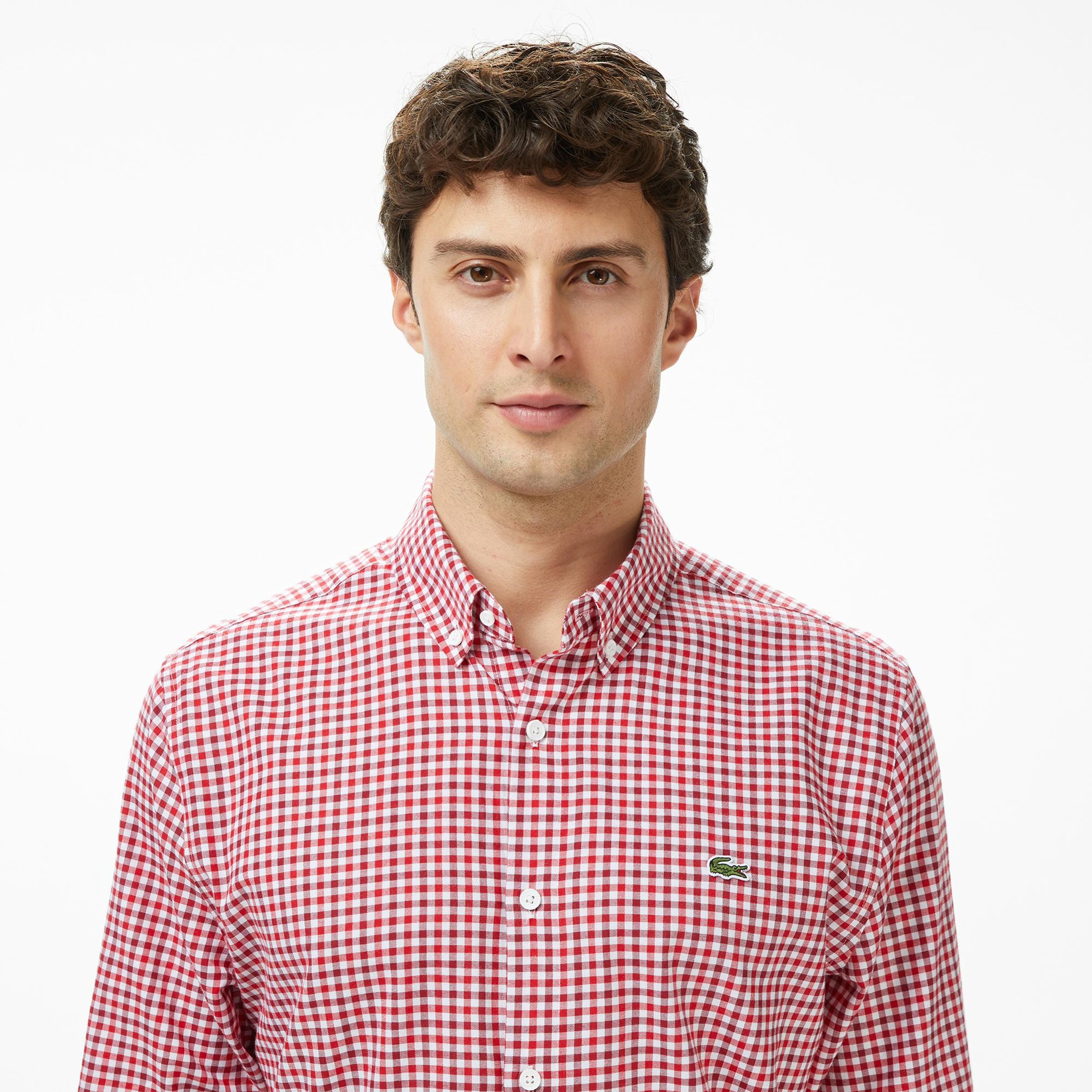 Lacoste Erkek Regular Fit Düğmeli Yaka Kareli Kırmızı Gömlek