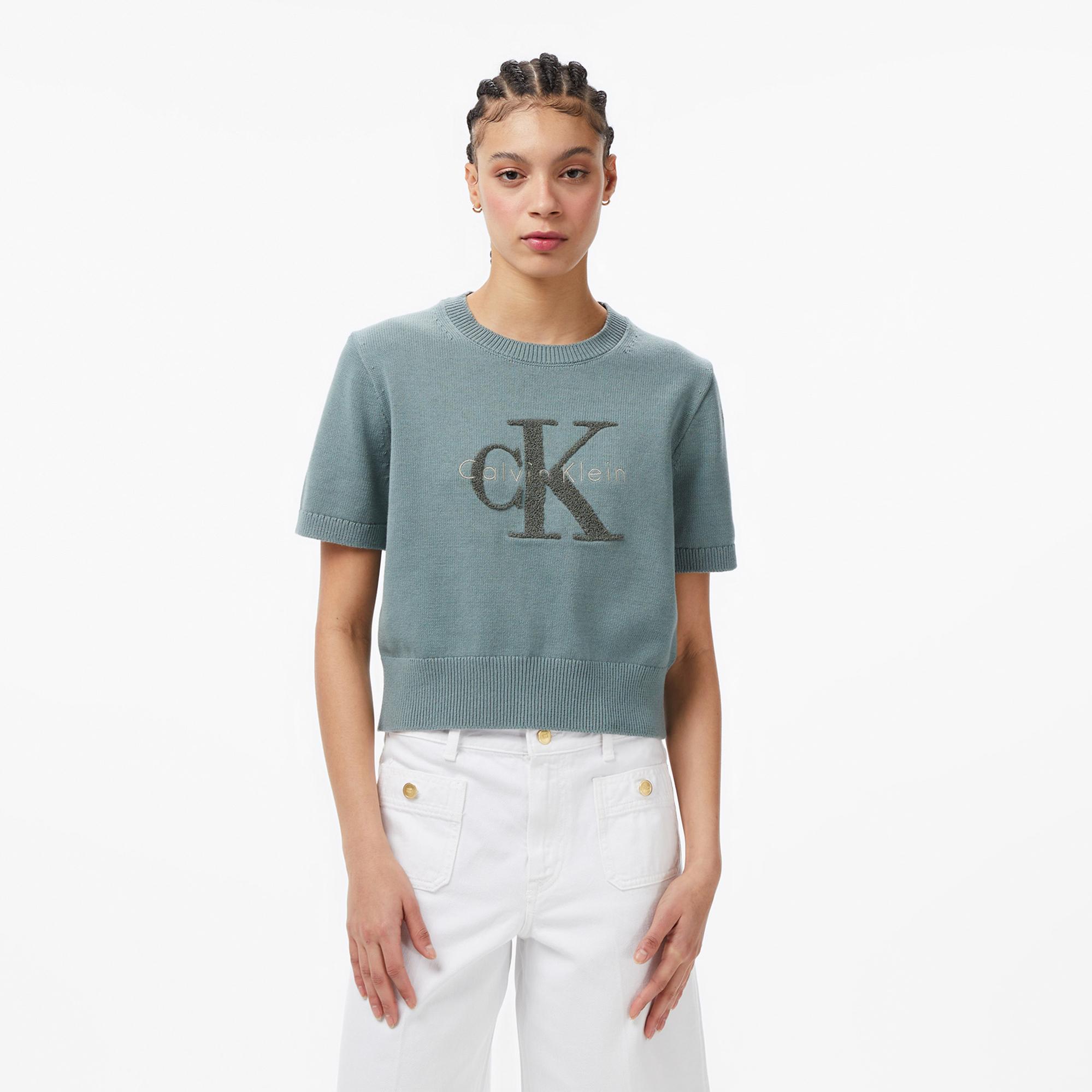 Calvin Klein Chunky Cotton Graphic Vest Kadın Gri Triko