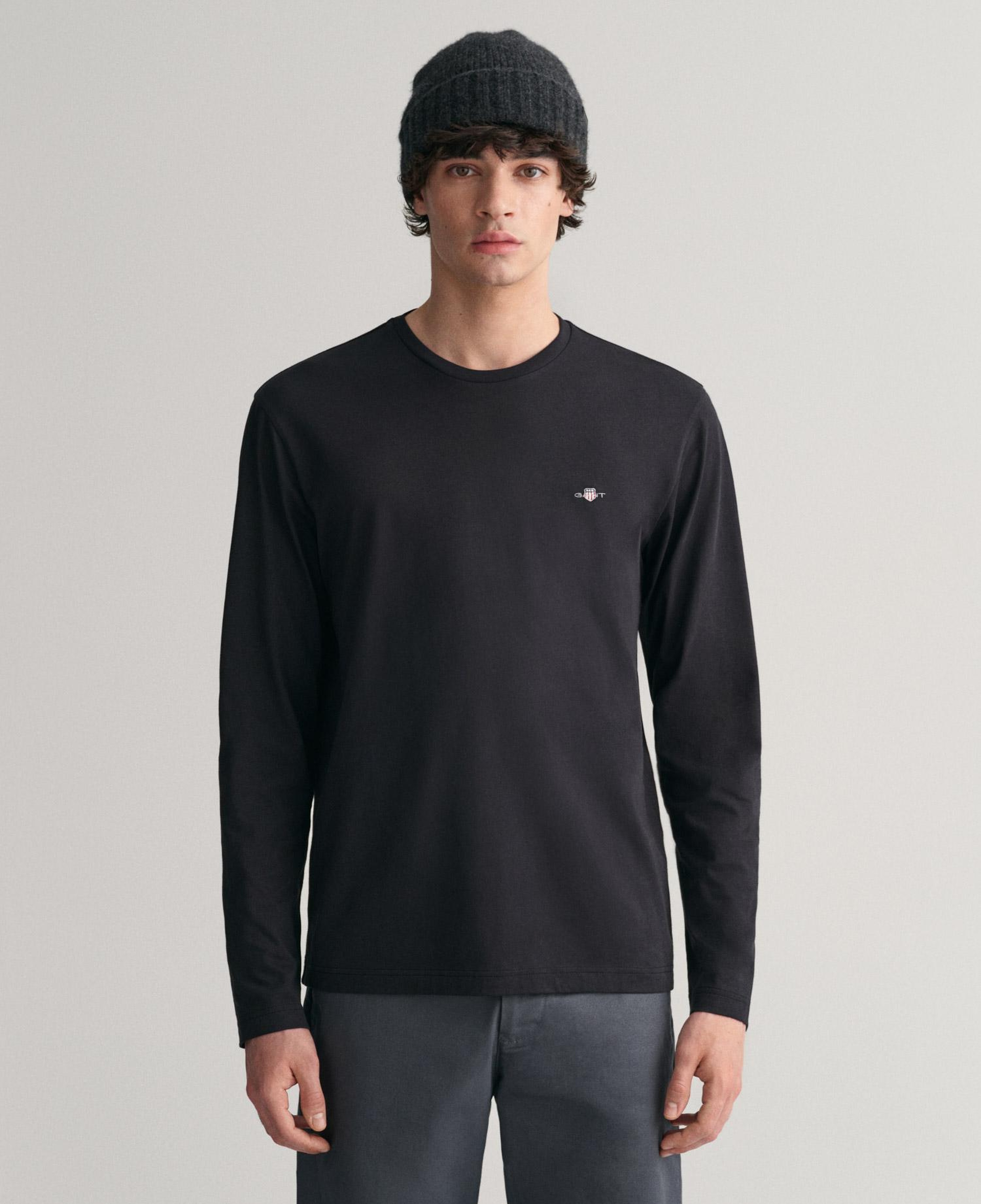 GANT Erkek Siyah Regular Fit Bisiklet Yaka Uzun Kollu T-Shirt