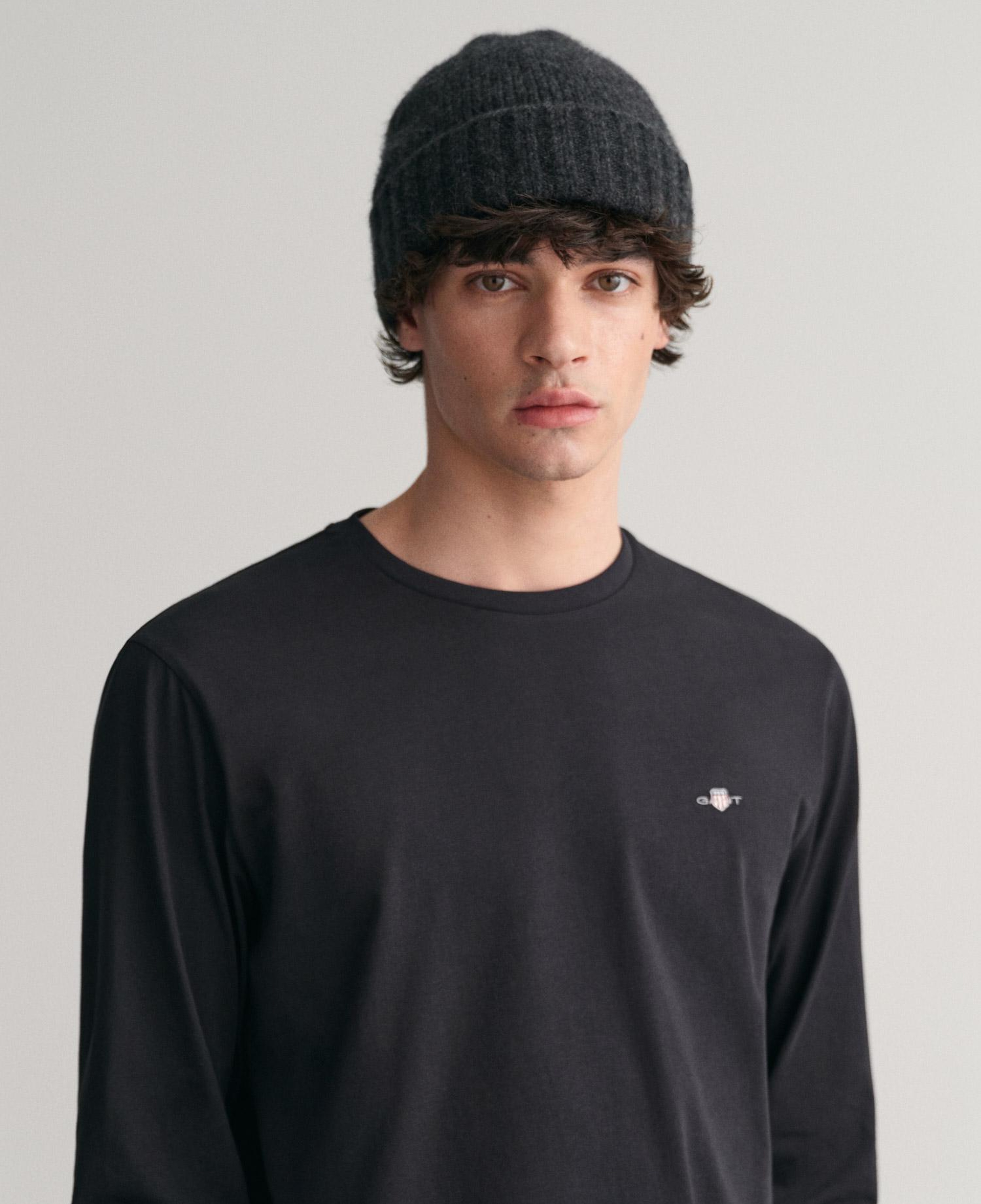 GANT Erkek Siyah Regular Fit Bisiklet Yaka Uzun Kollu T-Shirt