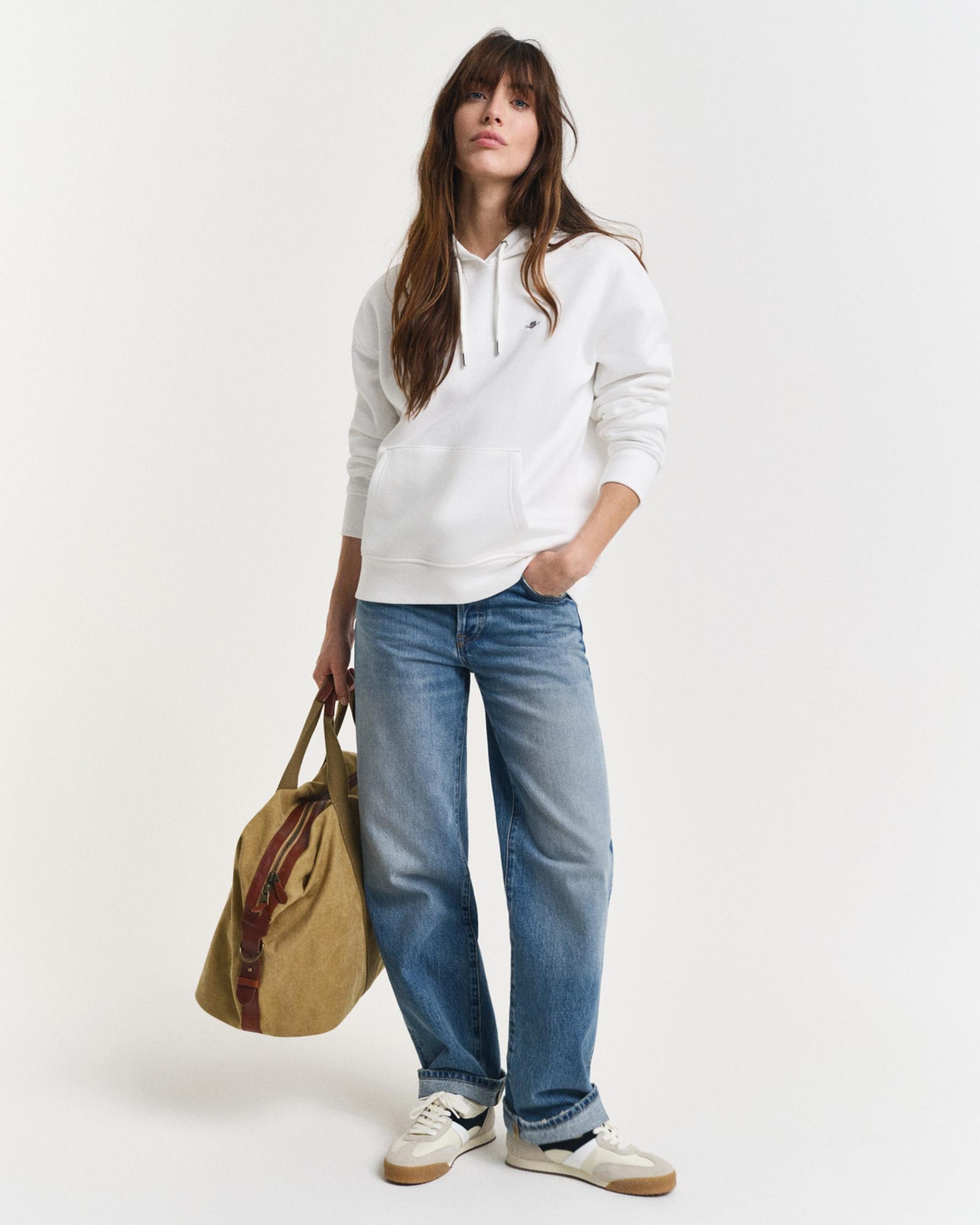 GANT Kadın Beyaz Relaxed Fit Kapüşonlu Sweatshirt