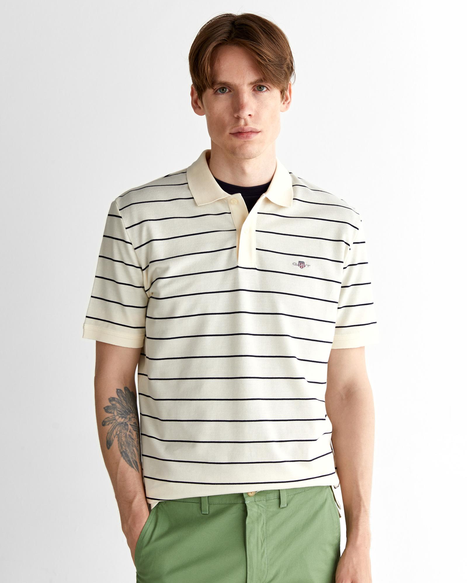 GANT Erkek Krem Regular Fit Çizgili Polo