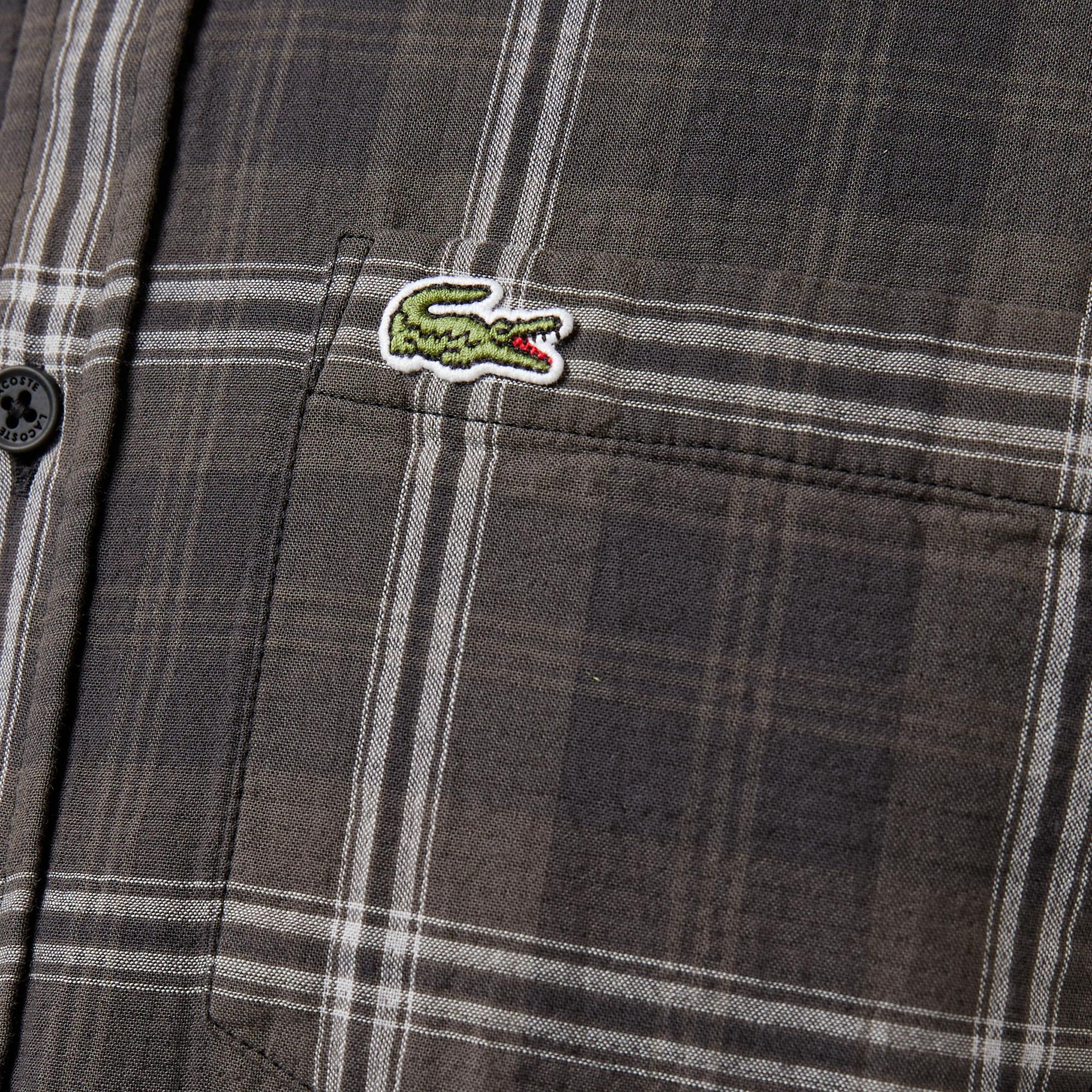 Erkek Regular Fit Düğmeli Yaka Ekose Kahverengi Gömlek