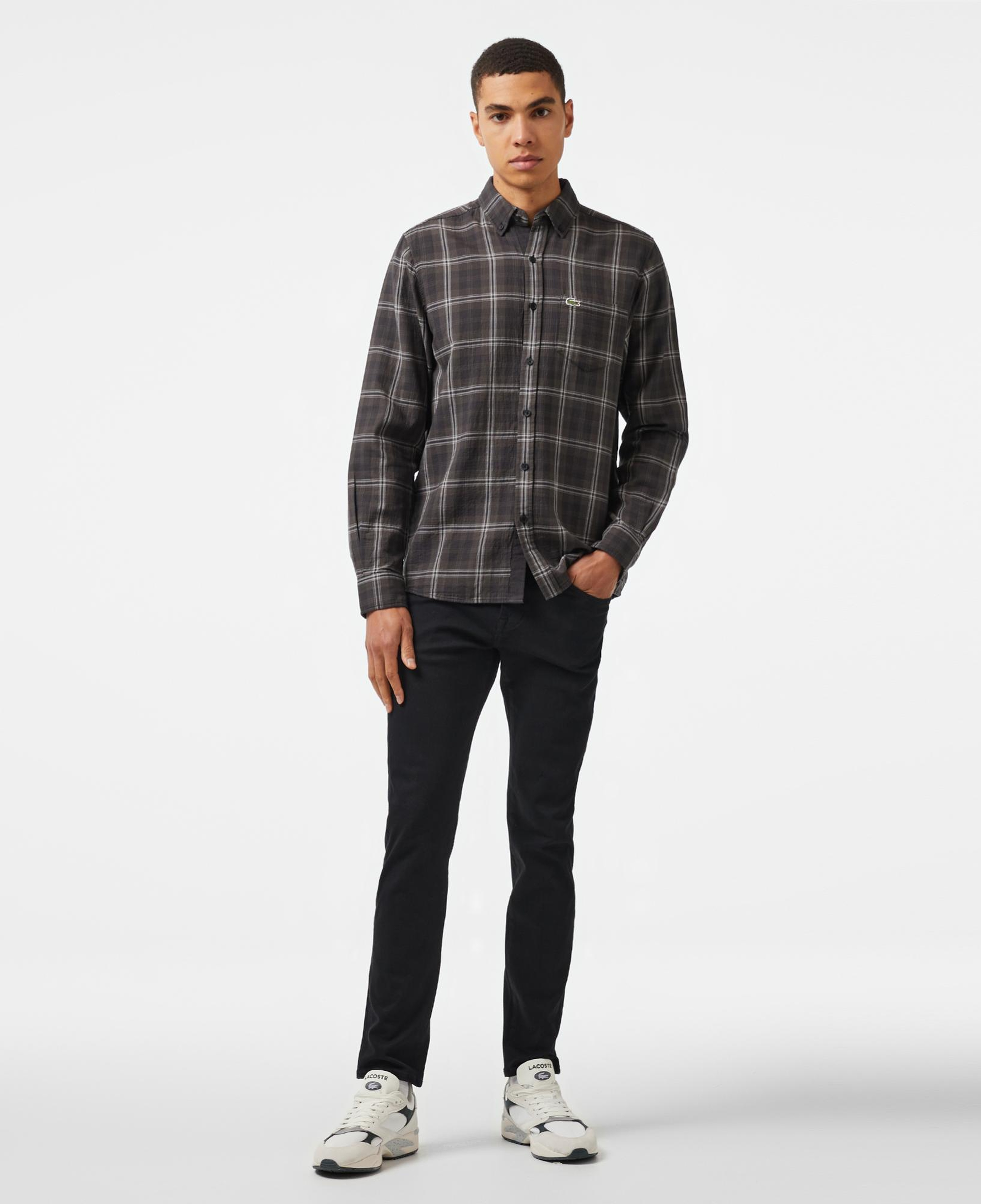 Erkek Regular Fit Düğmeli Yaka Ekose Kahverengi Gömlek