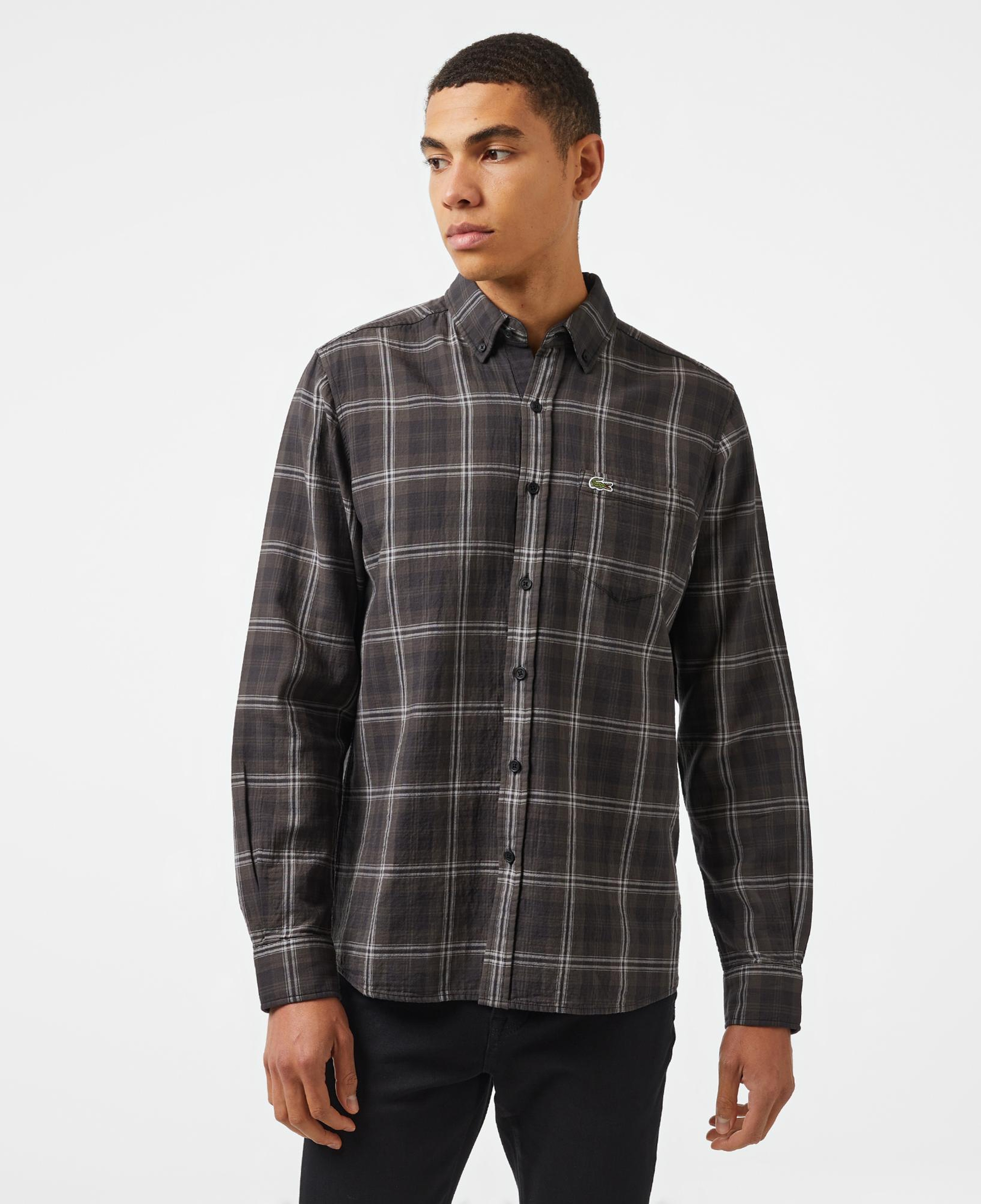 Erkek Regular Fit Düğmeli Yaka Ekose Kahverengi Gömlek