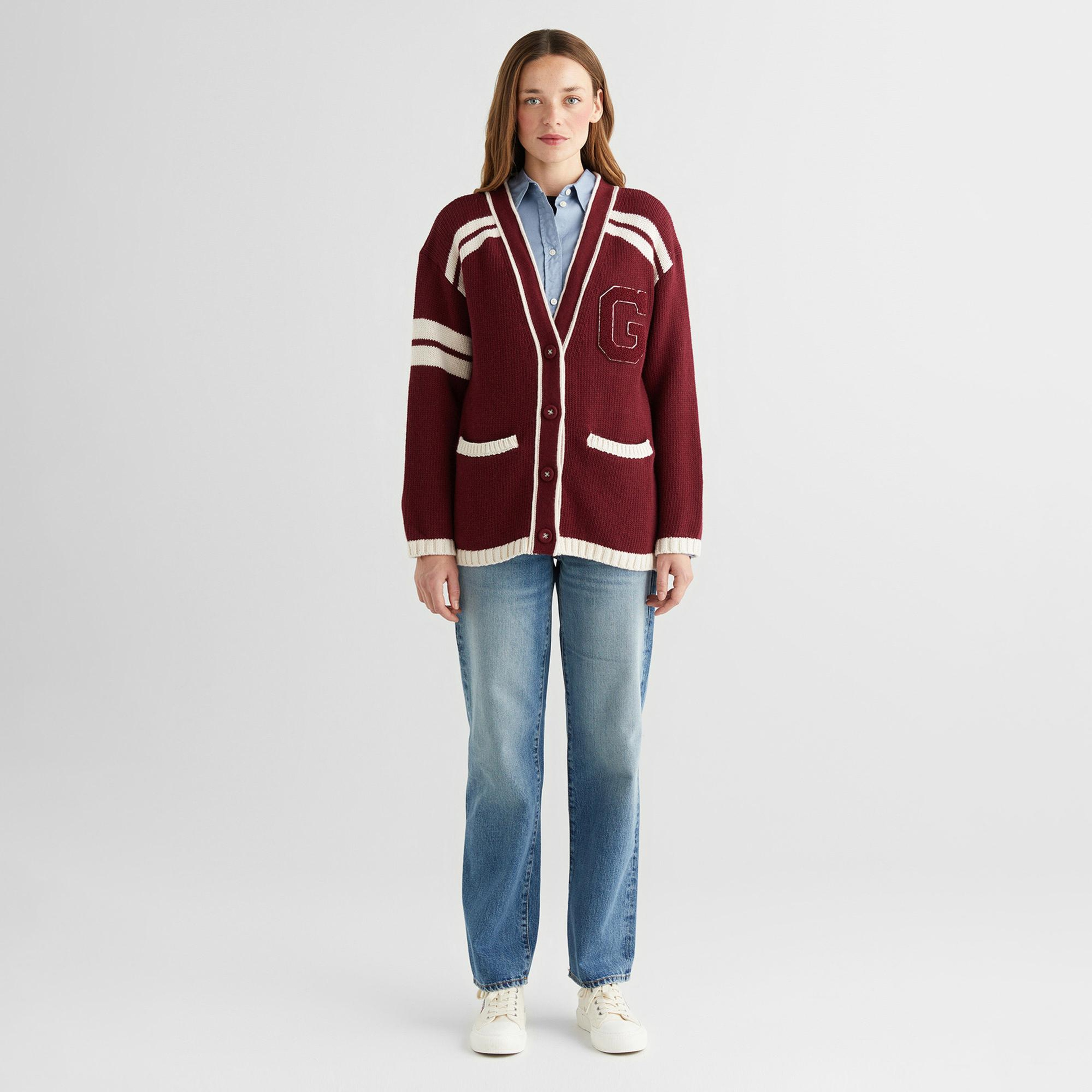 GANT Kadın Bordo Oversize Fit V Yaka Logolu Hırka