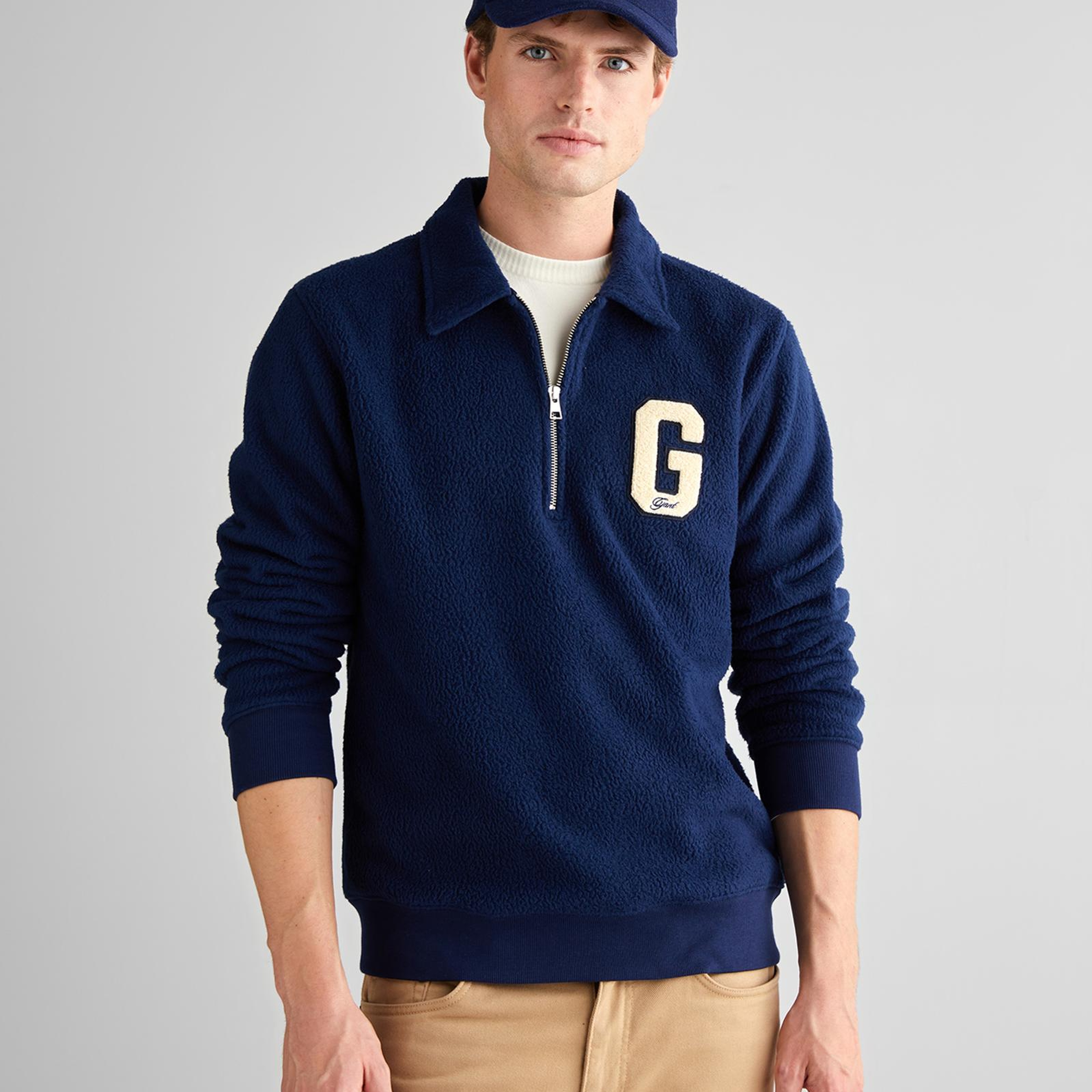 GANT Erkek Lacivert Regular Fit Yarım Fermuarlı Logolu Sweatshirt