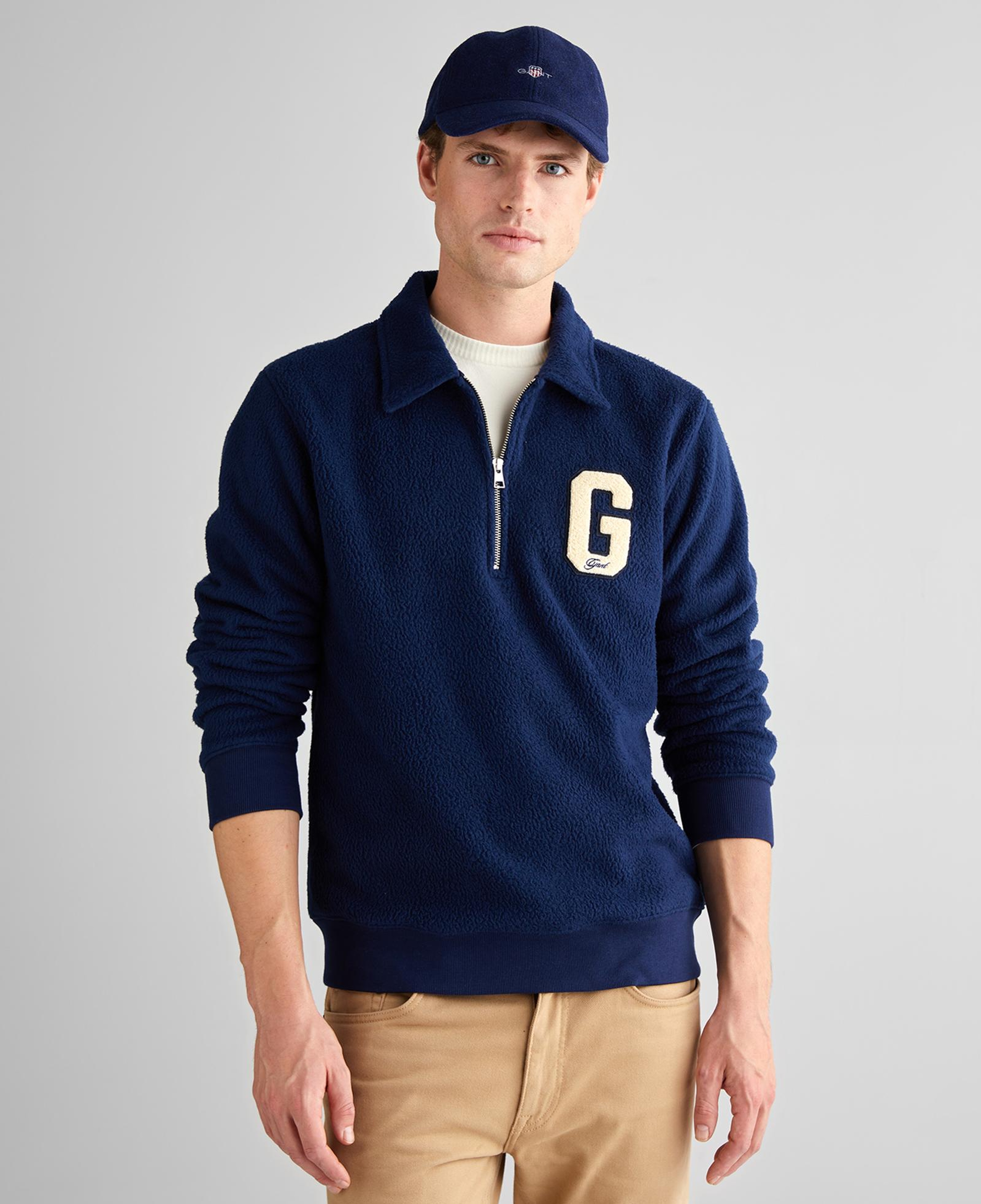 GANT Erkek Lacivert Regular Fit Yarım Fermuarlı Logolu Sweatshirt