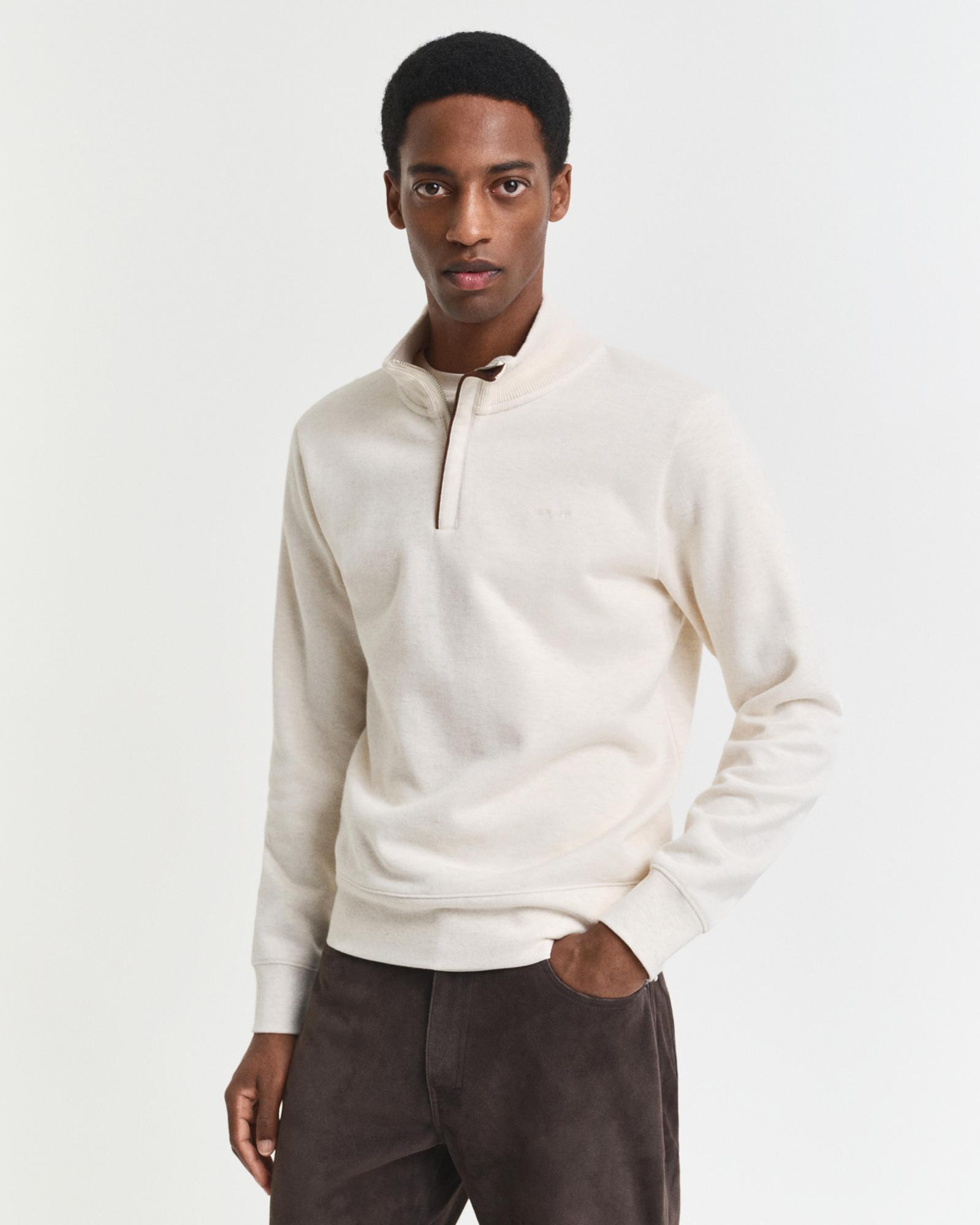 GANT Erkek Krem Regular Fit Yarım Fermuarlı Sweatshirt
