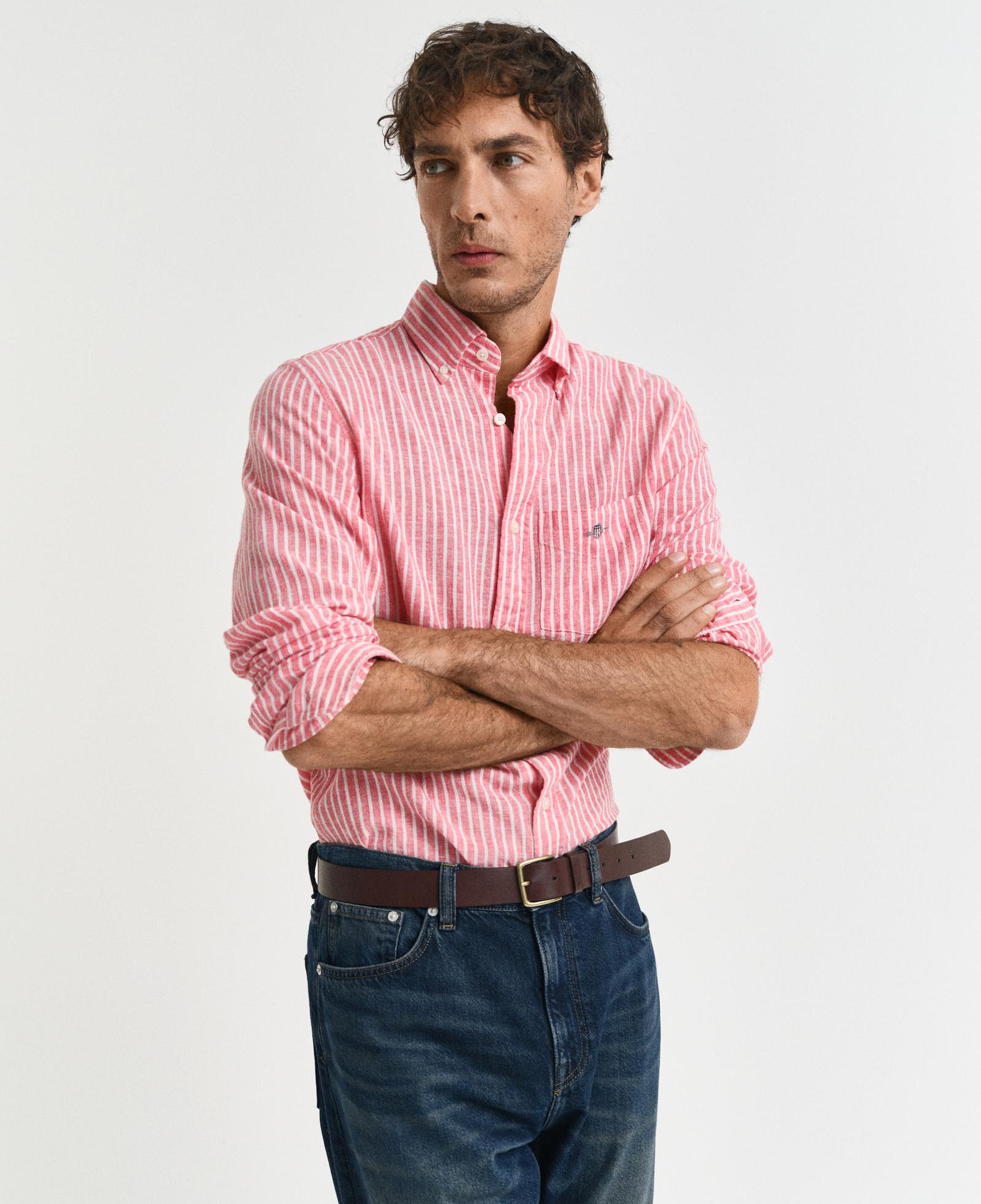 GANT Erkek Kırmızı Regular Fit Düğmeli Yaka Çizgili Keten Gömlek