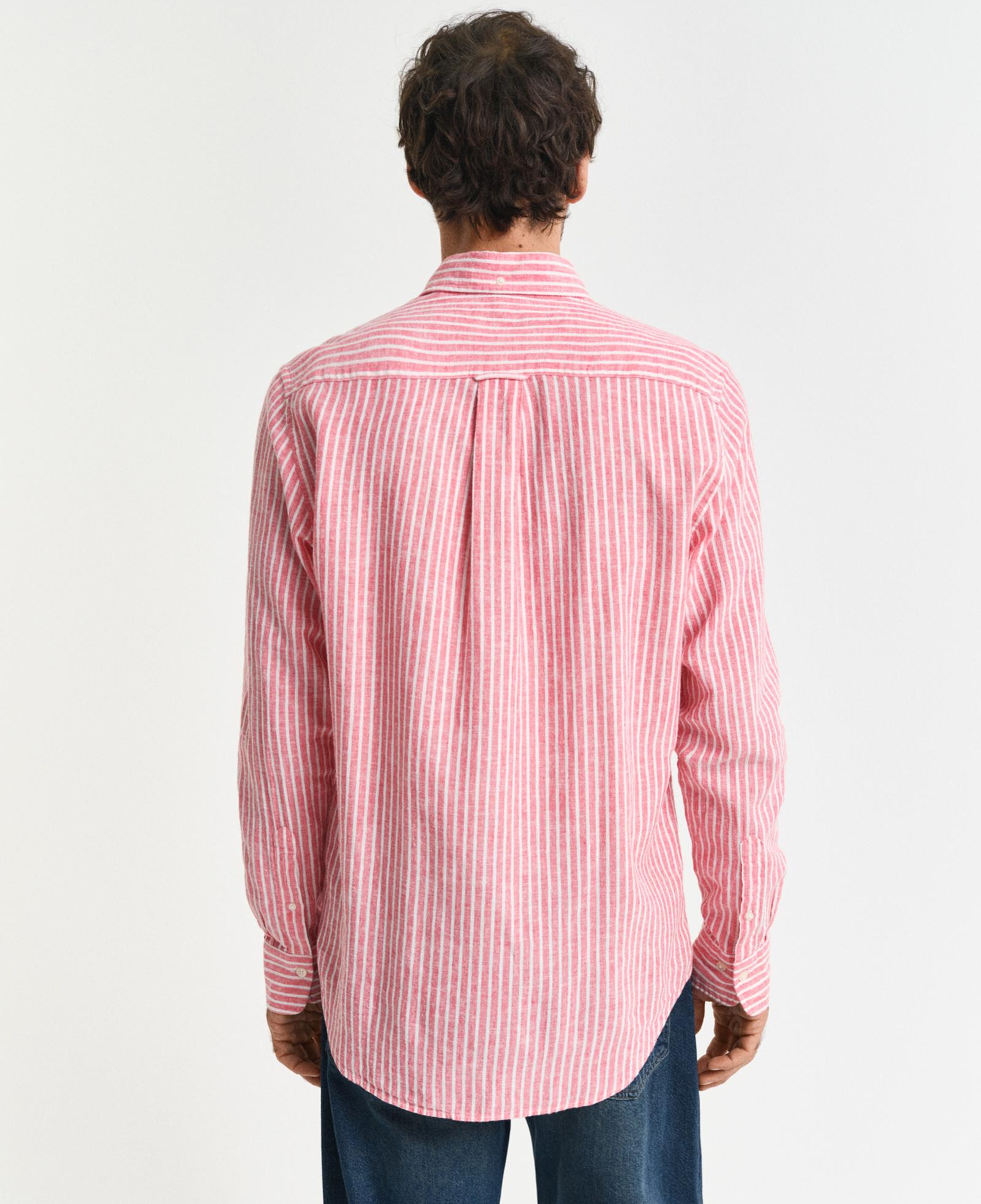 GANT Erkek Kırmızı Regular Fit Düğmeli Yaka Çizgili Keten Gömlek