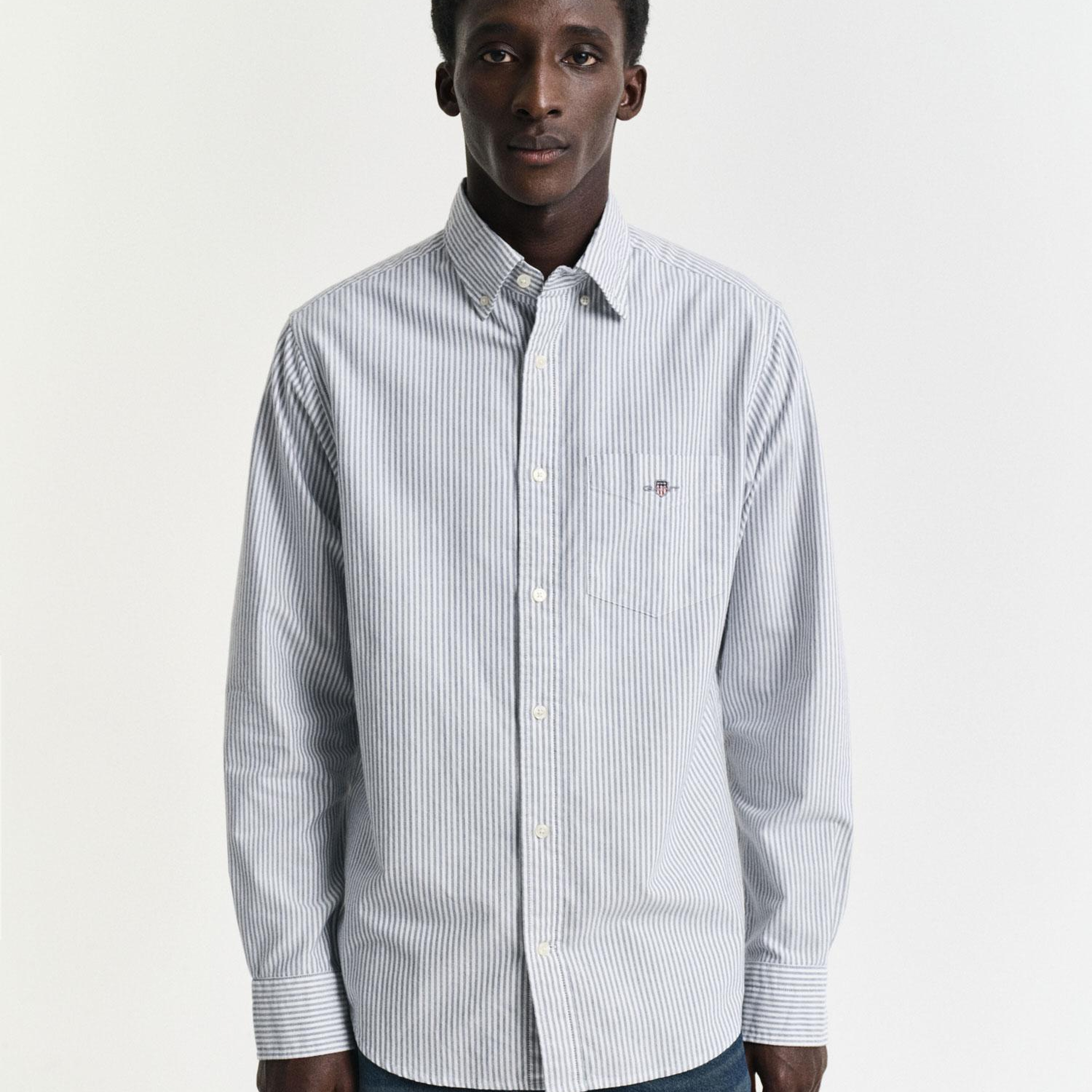 GANT Erkek Mavi Regular Fit Düğmeli Yaka Çizgili Oxford Gömlek