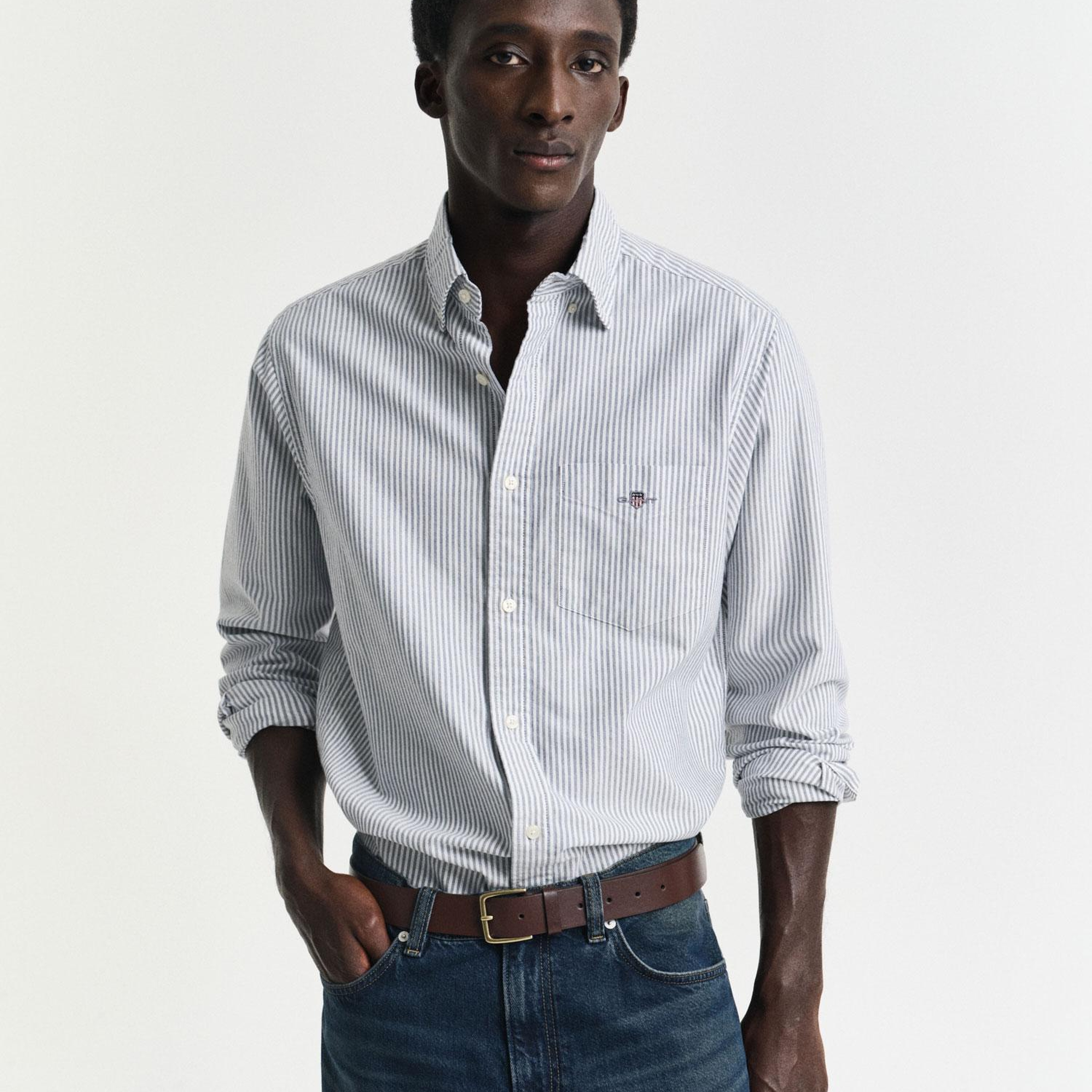 GANT Erkek Mavi Regular Fit Düğmeli Yaka Çizgili Oxford Gömlek