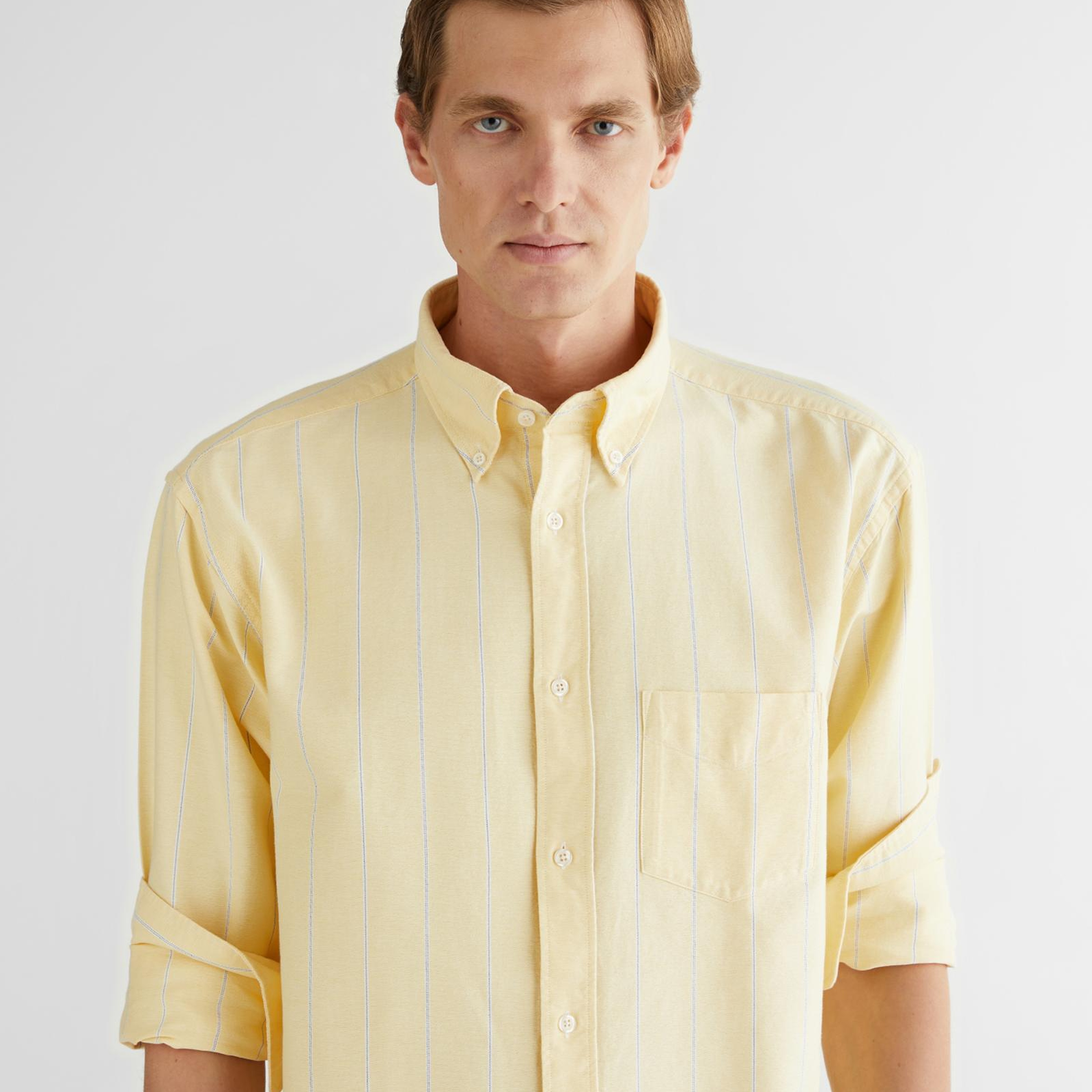 GANT Erkek Sarı Relaxed Fit Düğmeli Yaka Çizgili Gömlek
