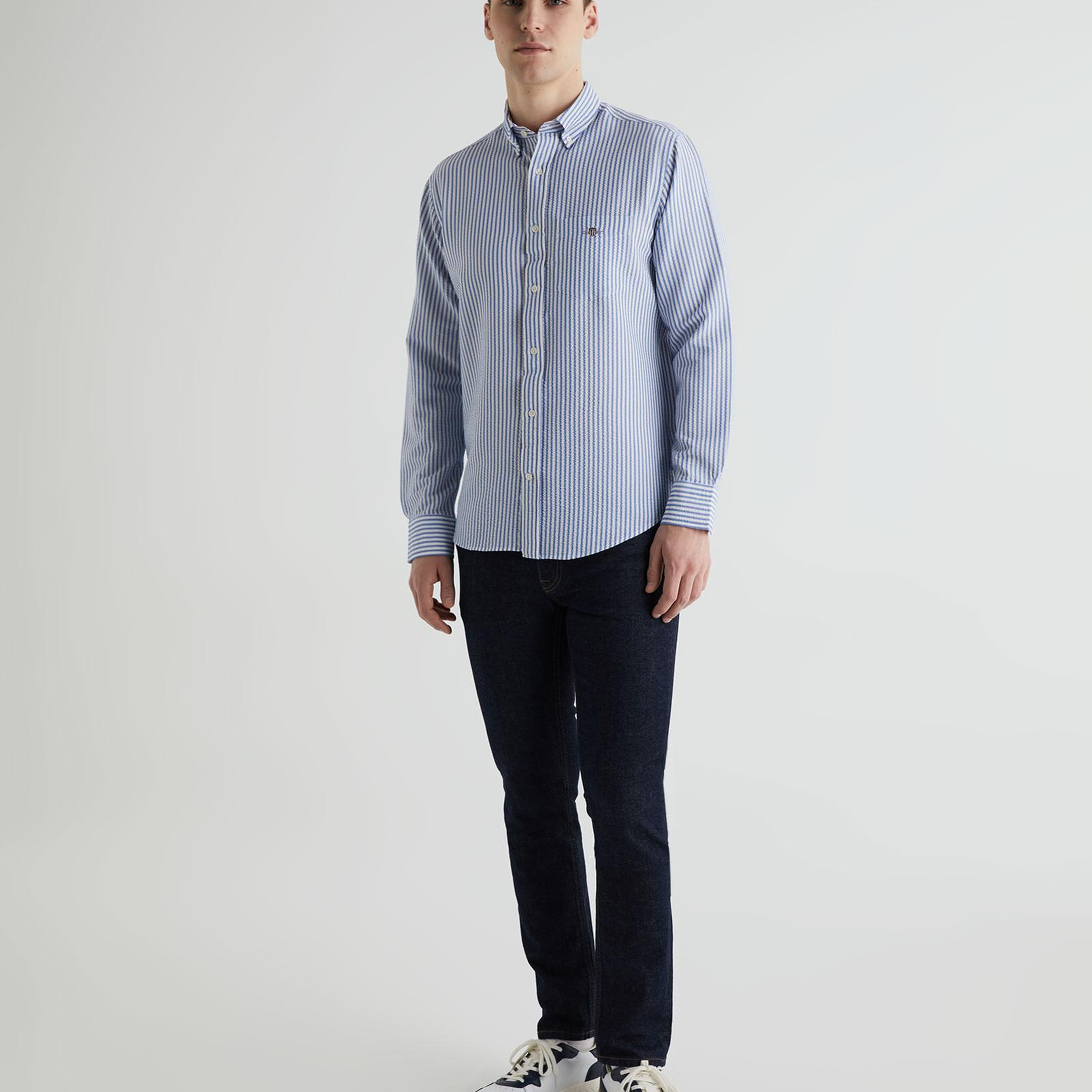 GANT Erkek Mavi Regular Fit Çizgili Logolu Gömlek