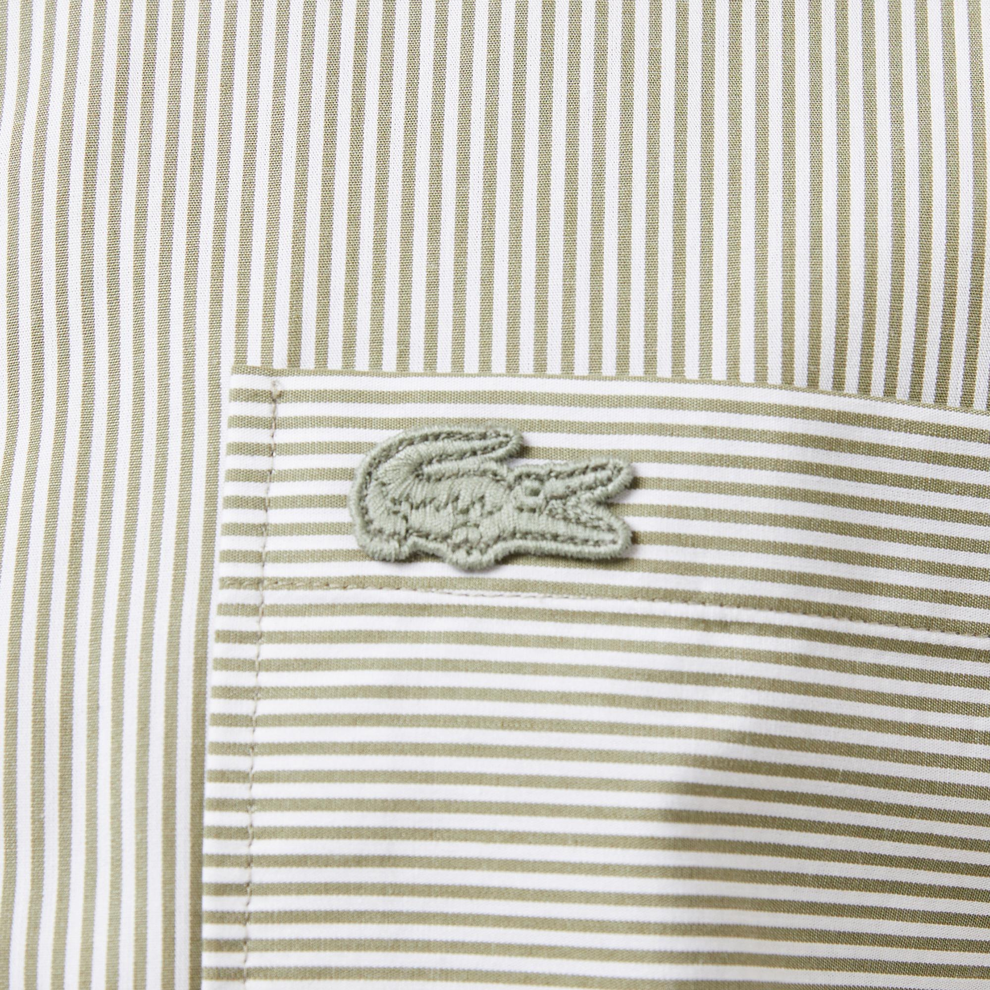 Erkek Relaxed Fit Düğmeli Yaka Çizgili Haki Gömlek