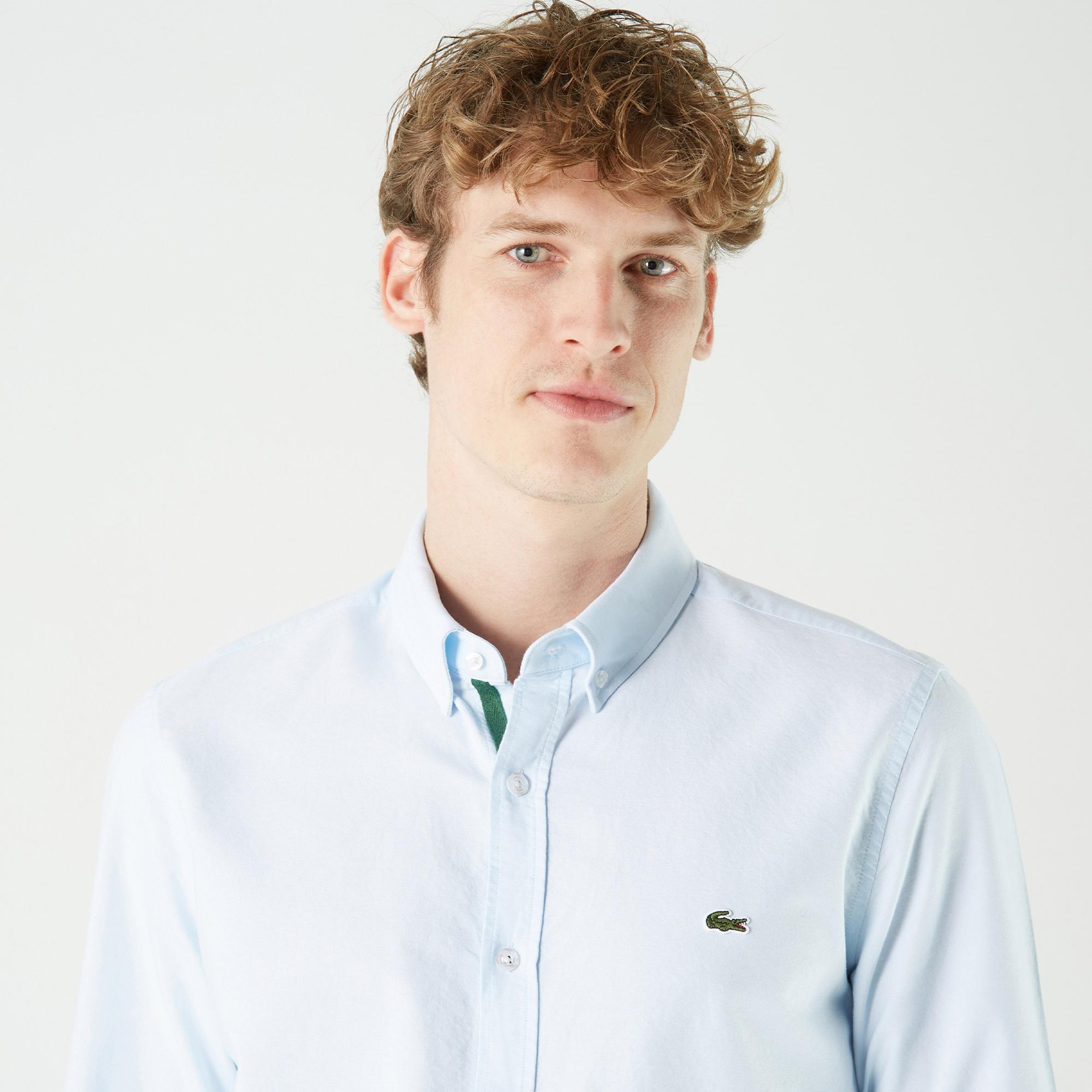 Erkek Slim Fit Düğmeli Yaka Açık Mavi Gömlek