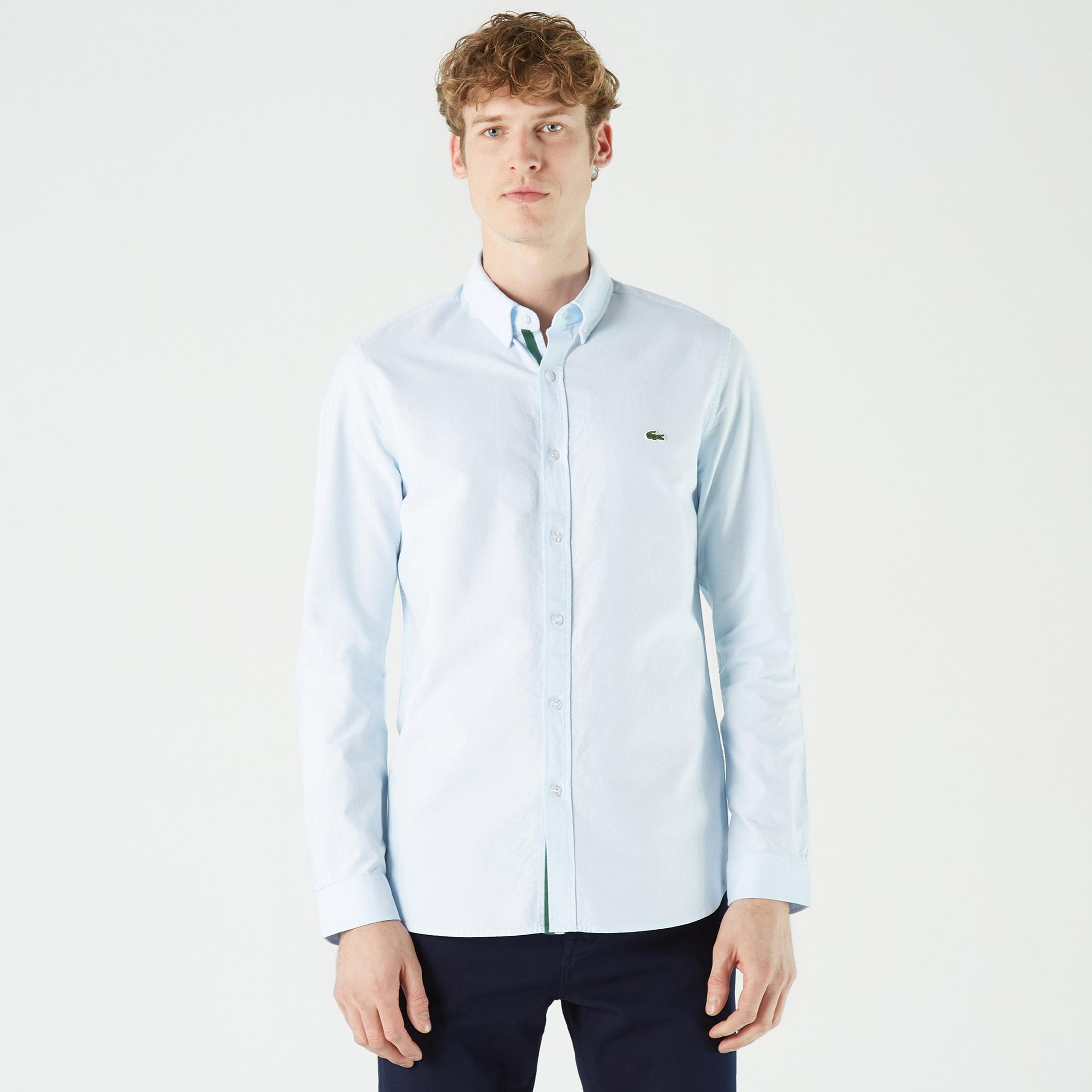 Erkek Slim Fit Düğmeli Yaka Açık Mavi Gömlek