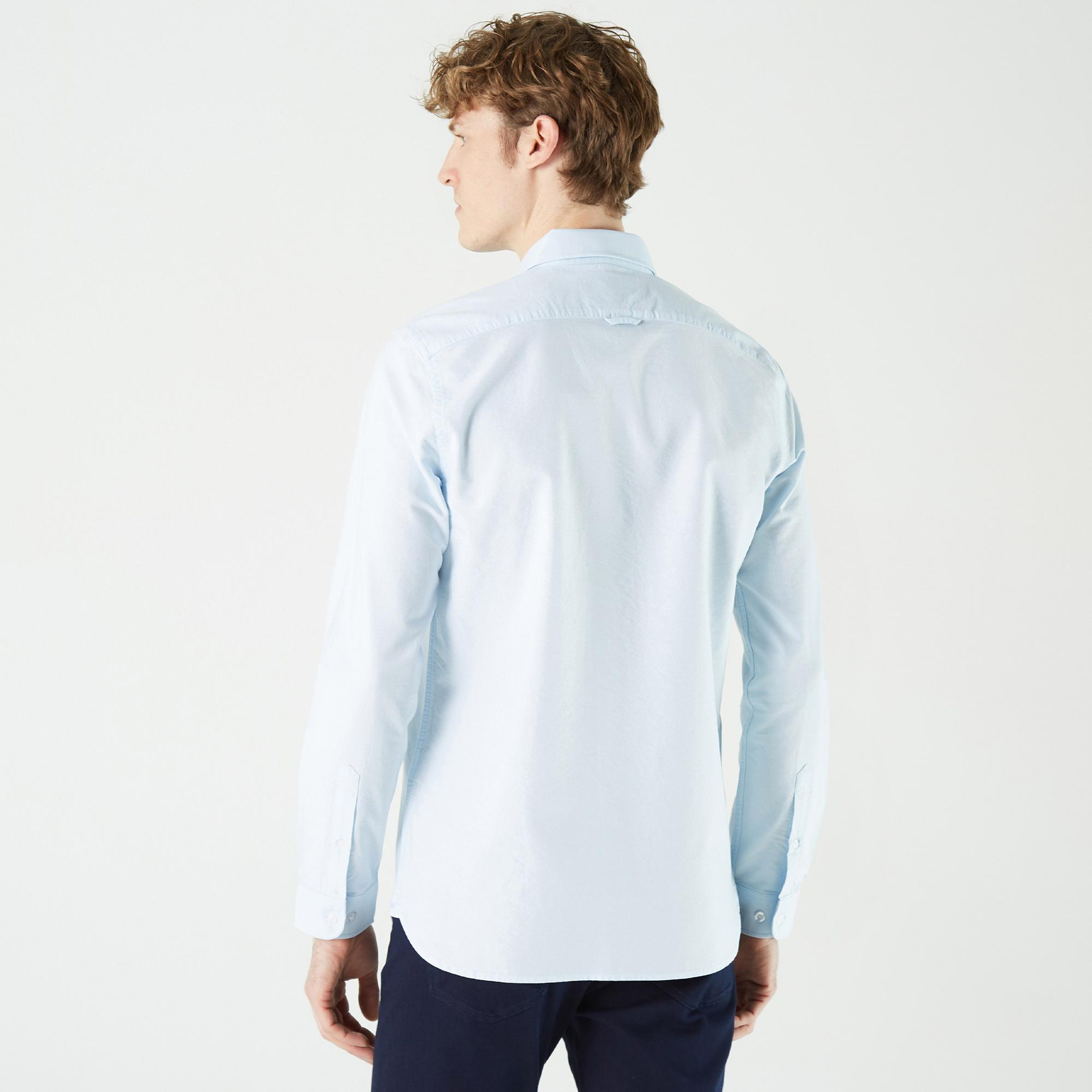 Erkek Slim Fit Düğmeli Yaka Açık Mavi Gömlek