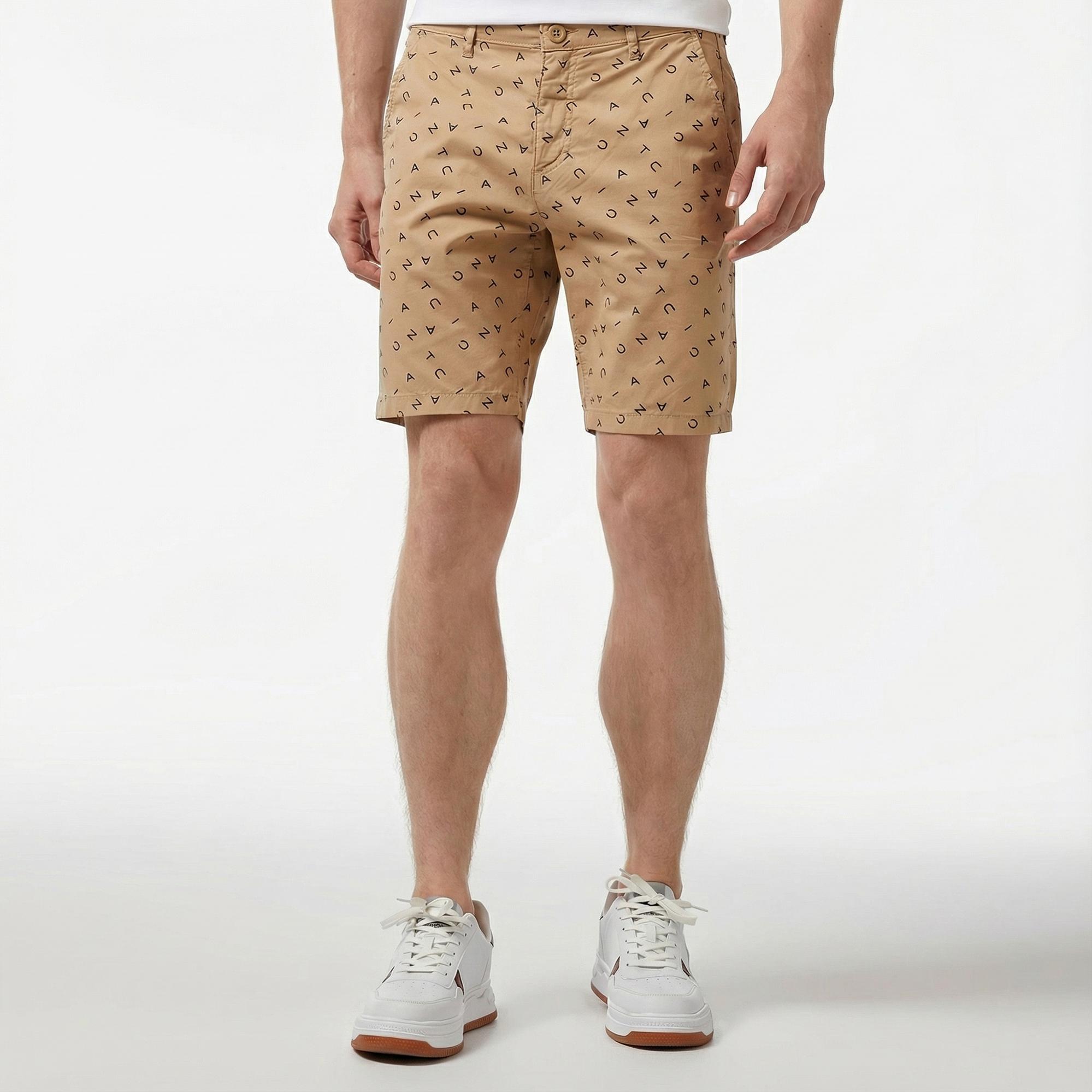 Nautica Erkek Bej Slim Fit Baskılı Bermuda