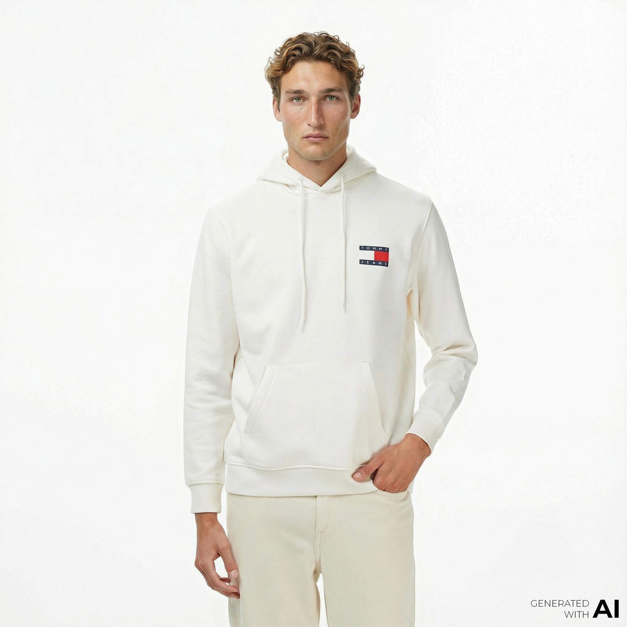 Tommy Jeans Regular Essential Flag Erkek Beyaz Hoodie