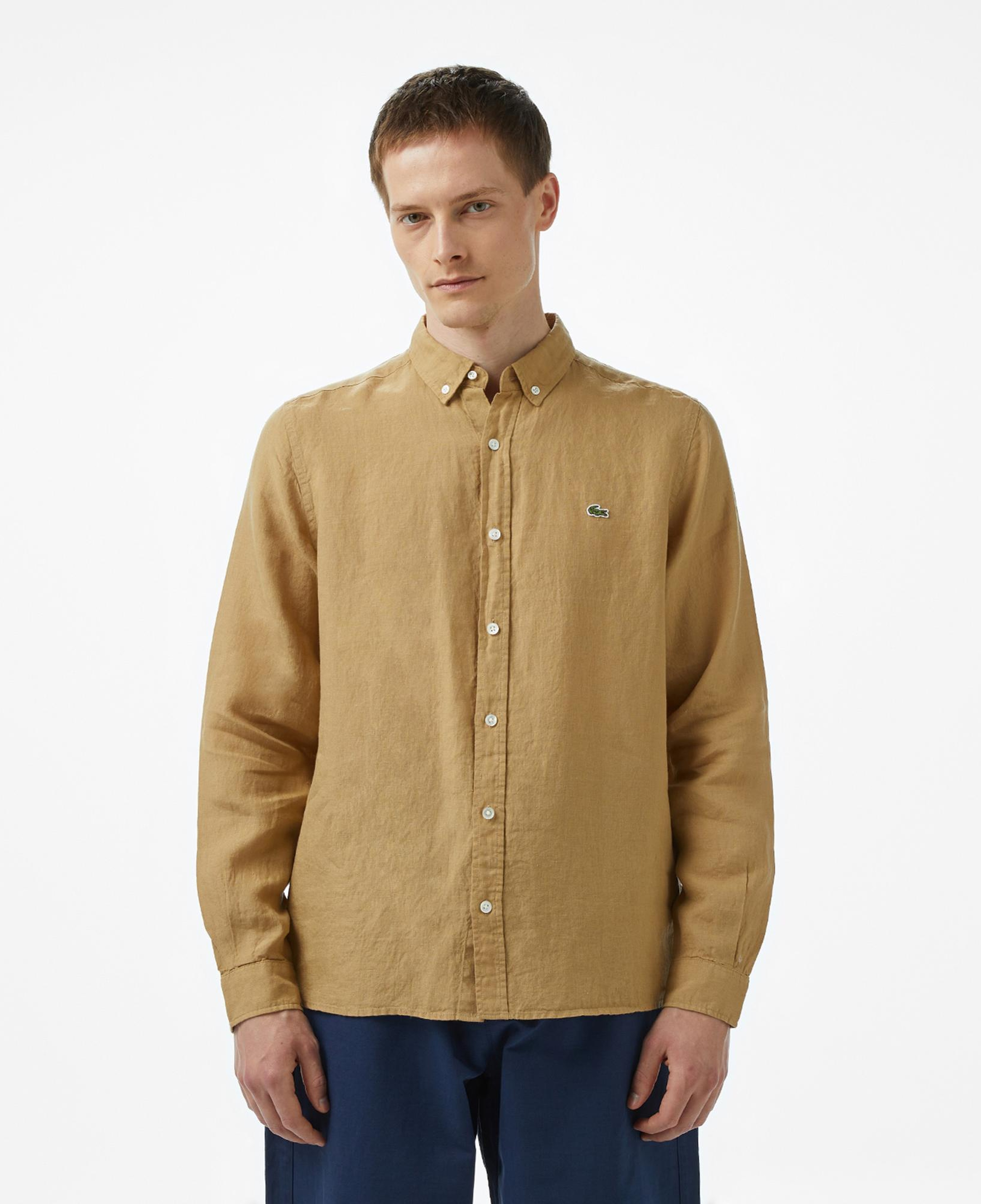 Lacoste Erkek Regular Fit Düğmeli Yaka Keten Bej Gömlek