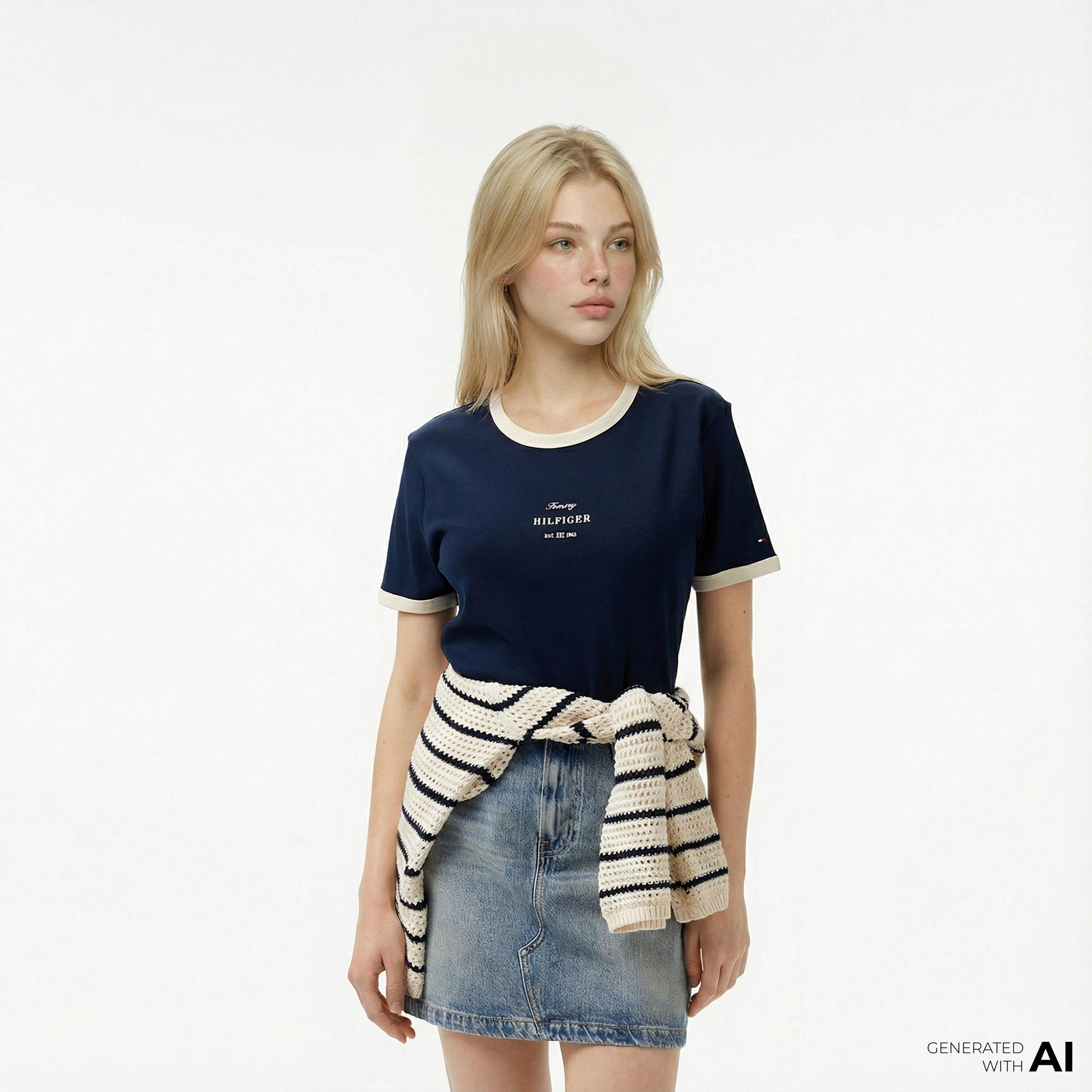 Tommy Hilfiger Reg Monotype Stripe Kadın Lacivert T-Shirt