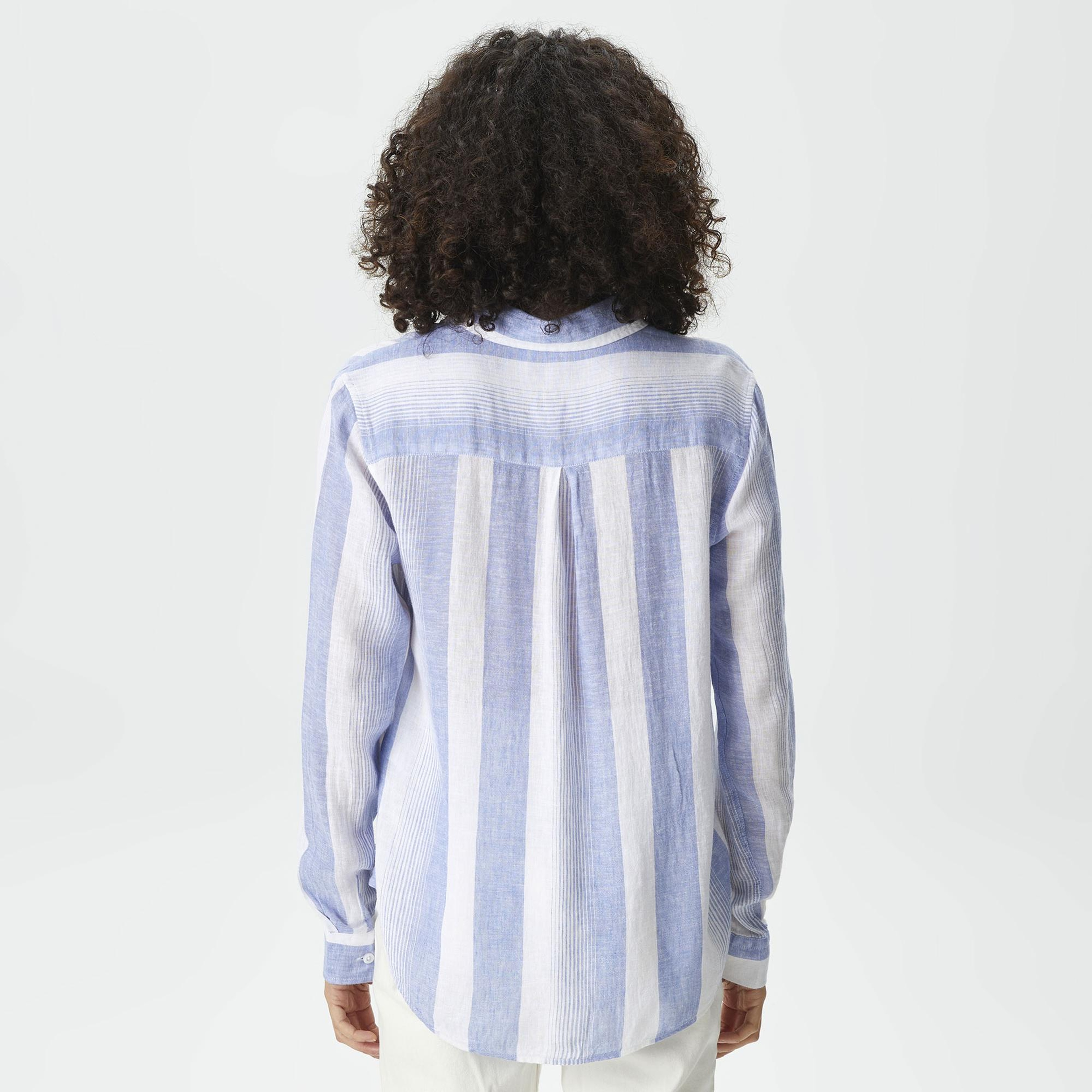 Nautica Kadın Mavi Standart Fit Uzun Kollu Çizgili Gömlek