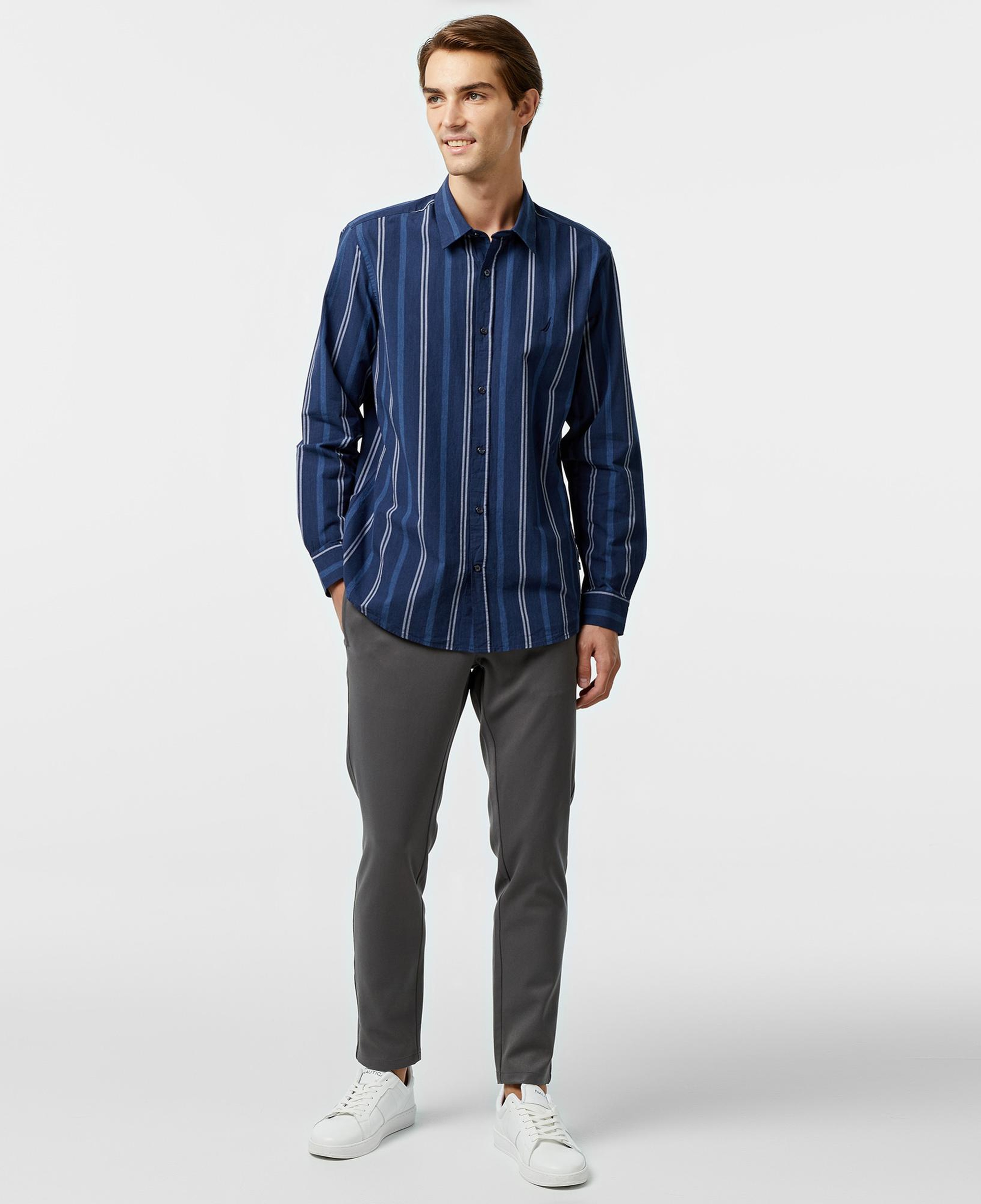 Nautica Erkek Lacivert Classic Fit Çizgili Gömlek