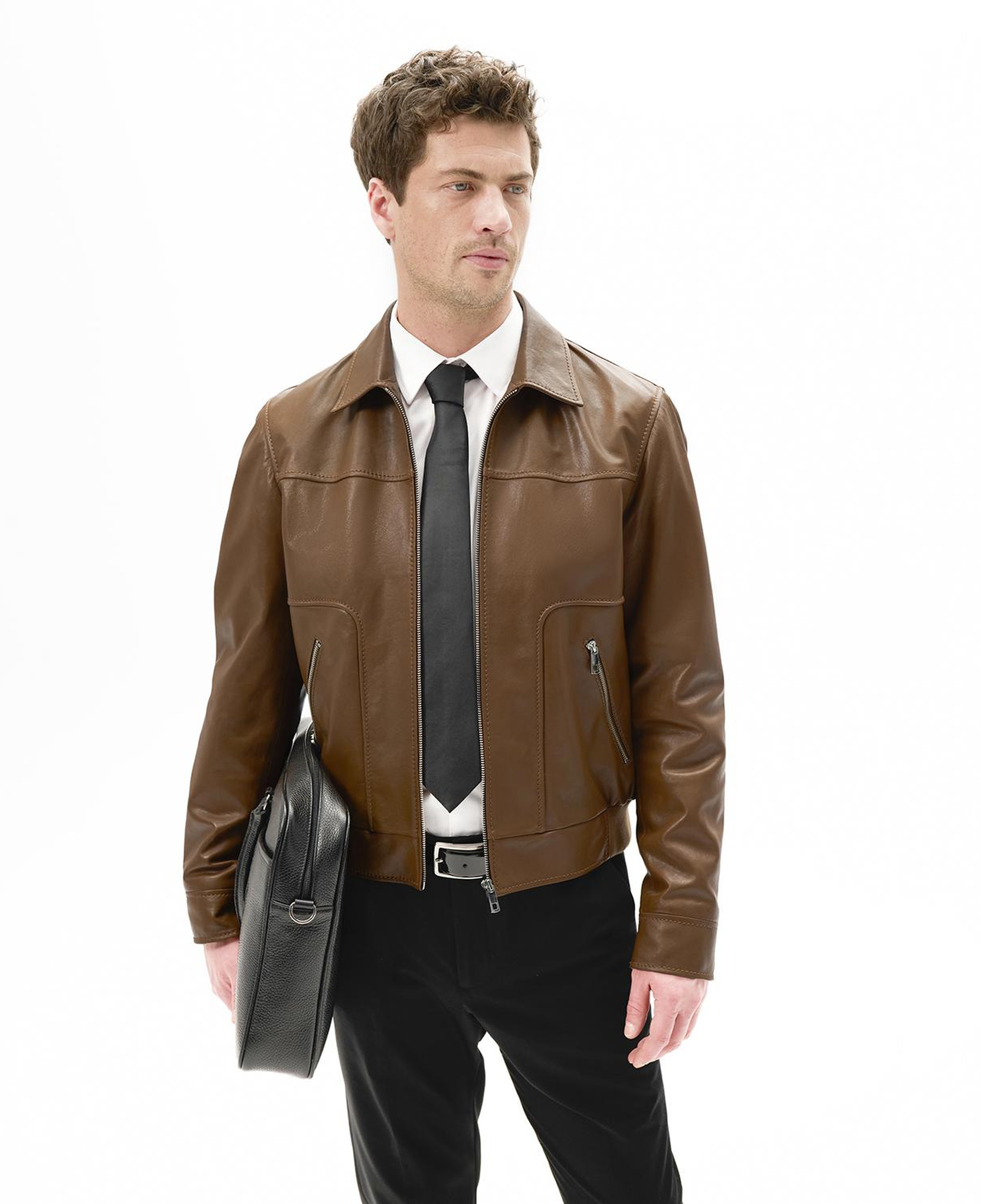 Erkek Taba Fermuarlı Gömlek Yaka Deri Ceket
