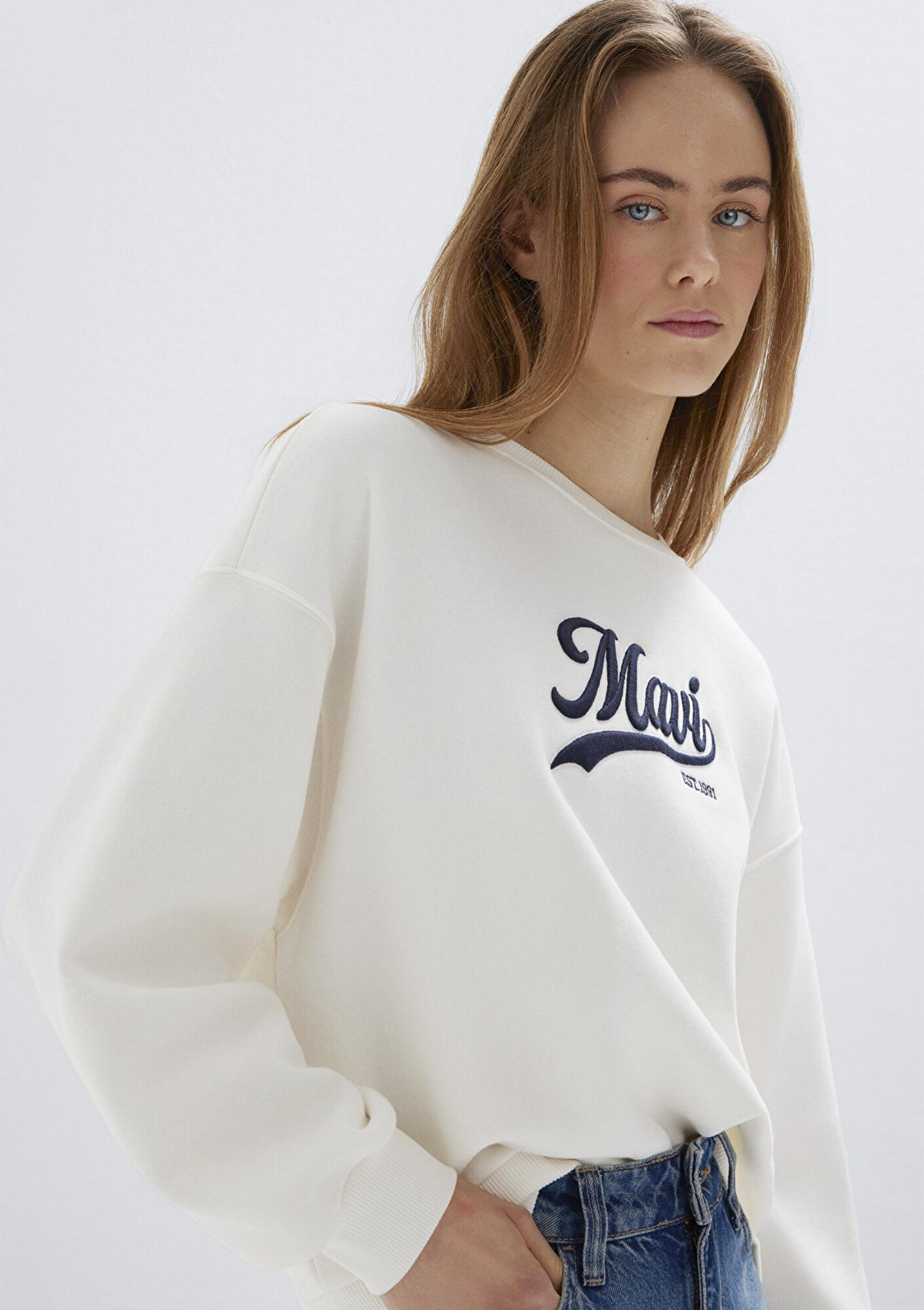 Mavi Mavi Logo Baskılı Ekru Sweatshirt 1S10419-80194