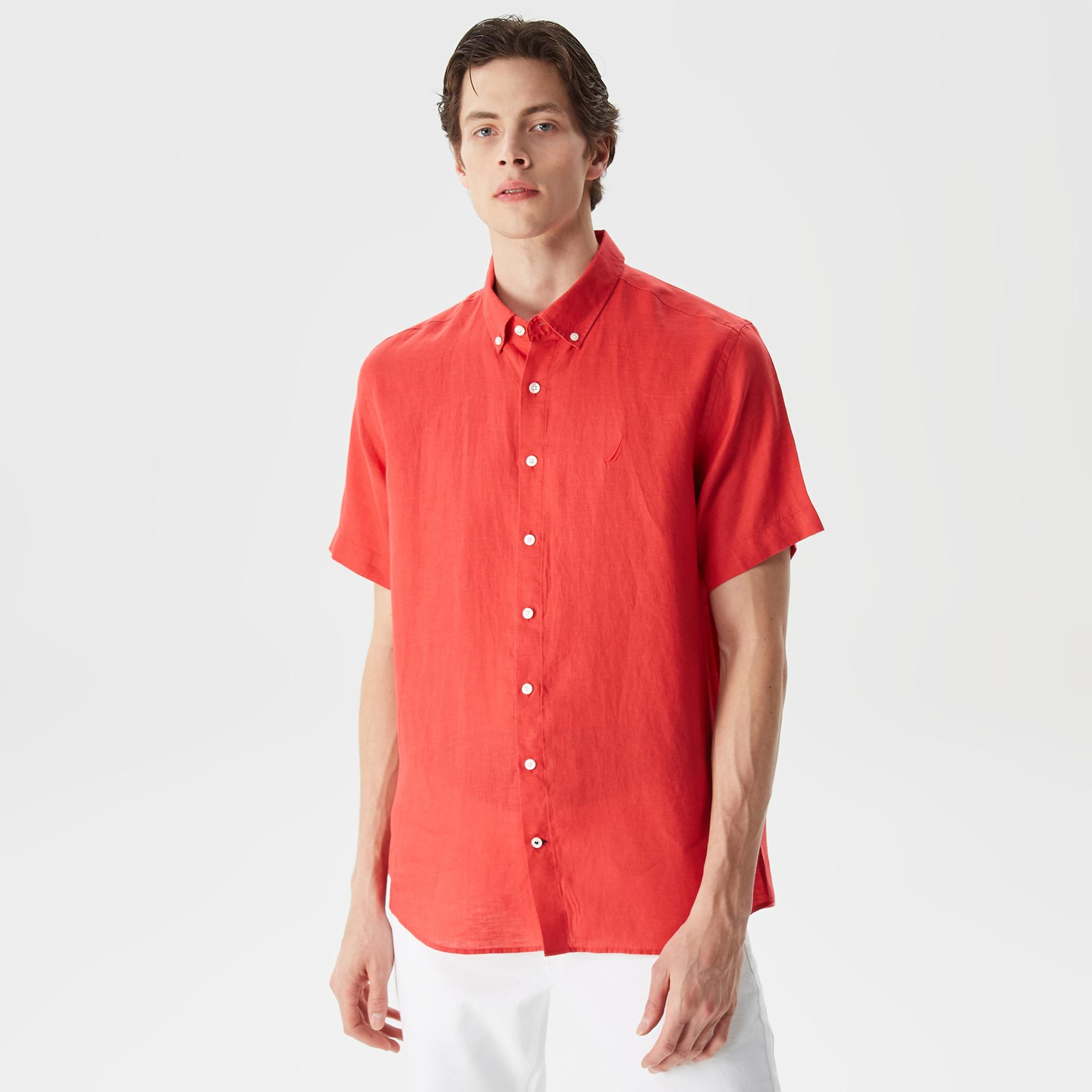 Nautica Erkek Turuncu Classic Fit Kısa Kollu Keten Gömlek