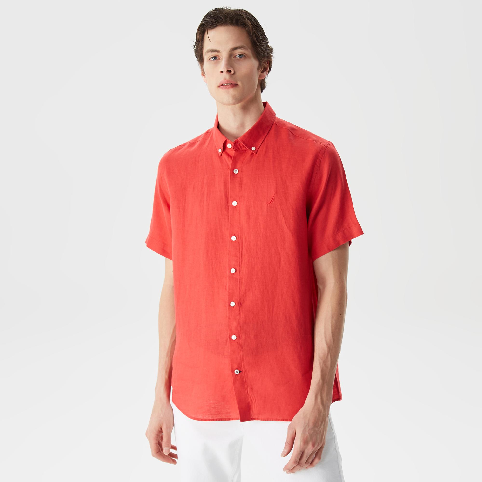 Nautica Erkek Turuncu Classic Fit Kısa Kollu Keten Gömlek