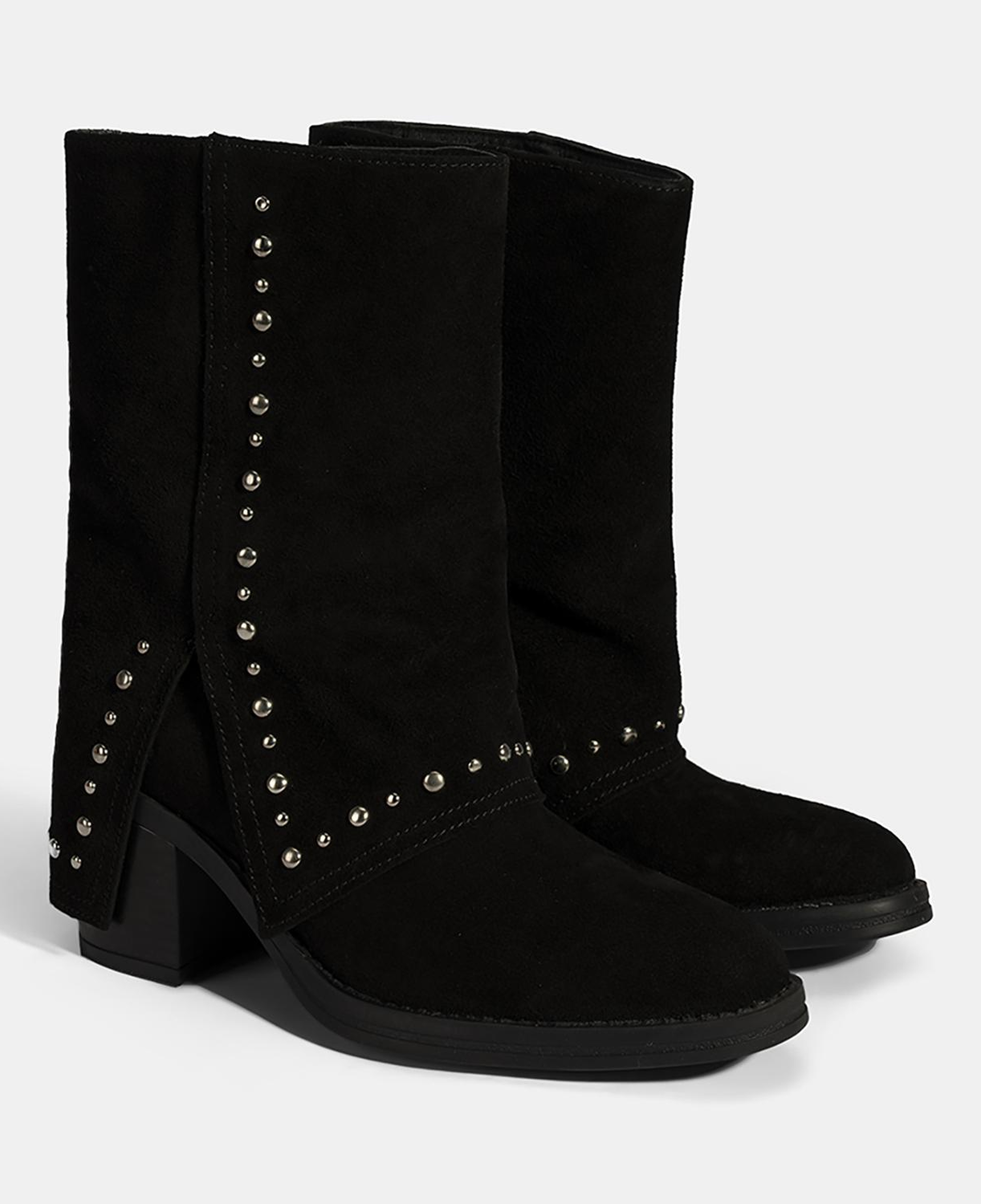 Kadın Siyah Zımba Detaylı Kalın Topuklu Süet Bot