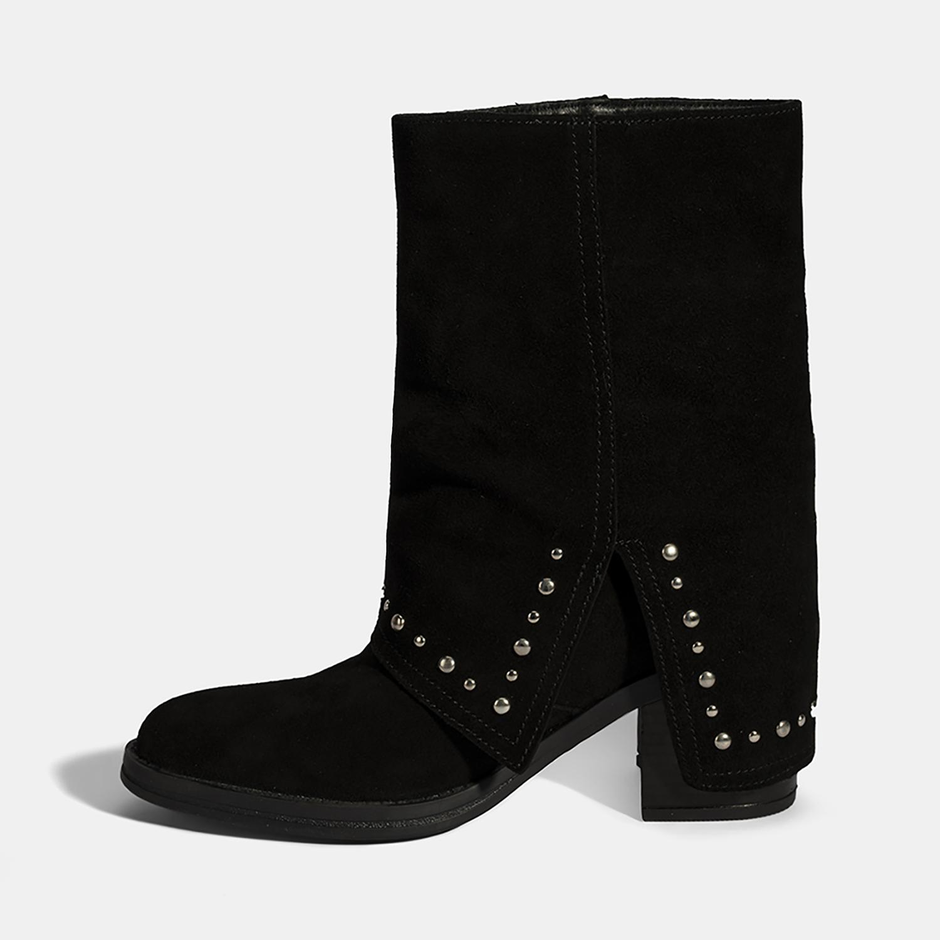 Kadın Siyah Zımba Detaylı Kalın Topuklu Süet Bot