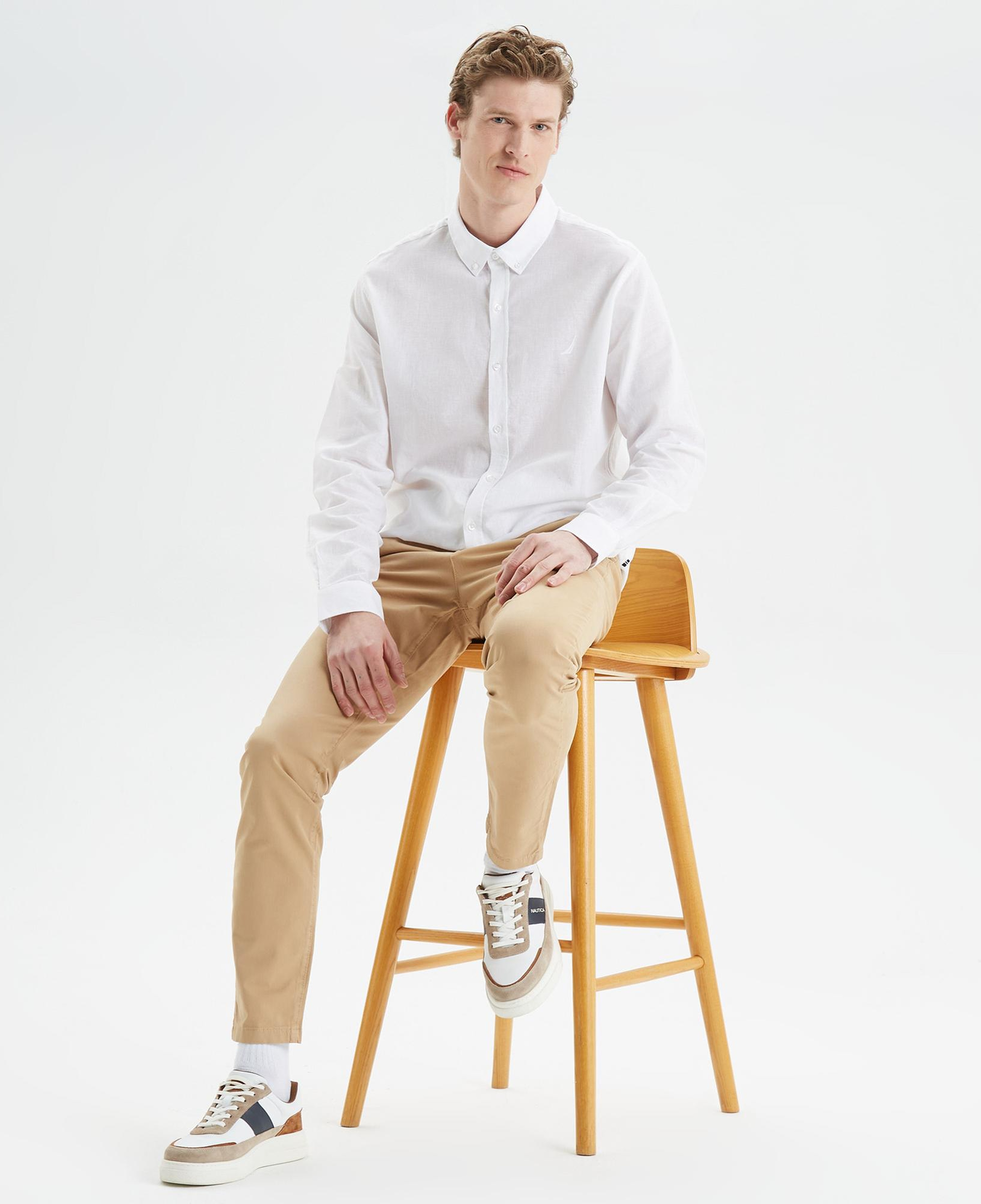 Nautica Erkek Beyaz Slim Fit Uzun Kollu Keten Gömlek