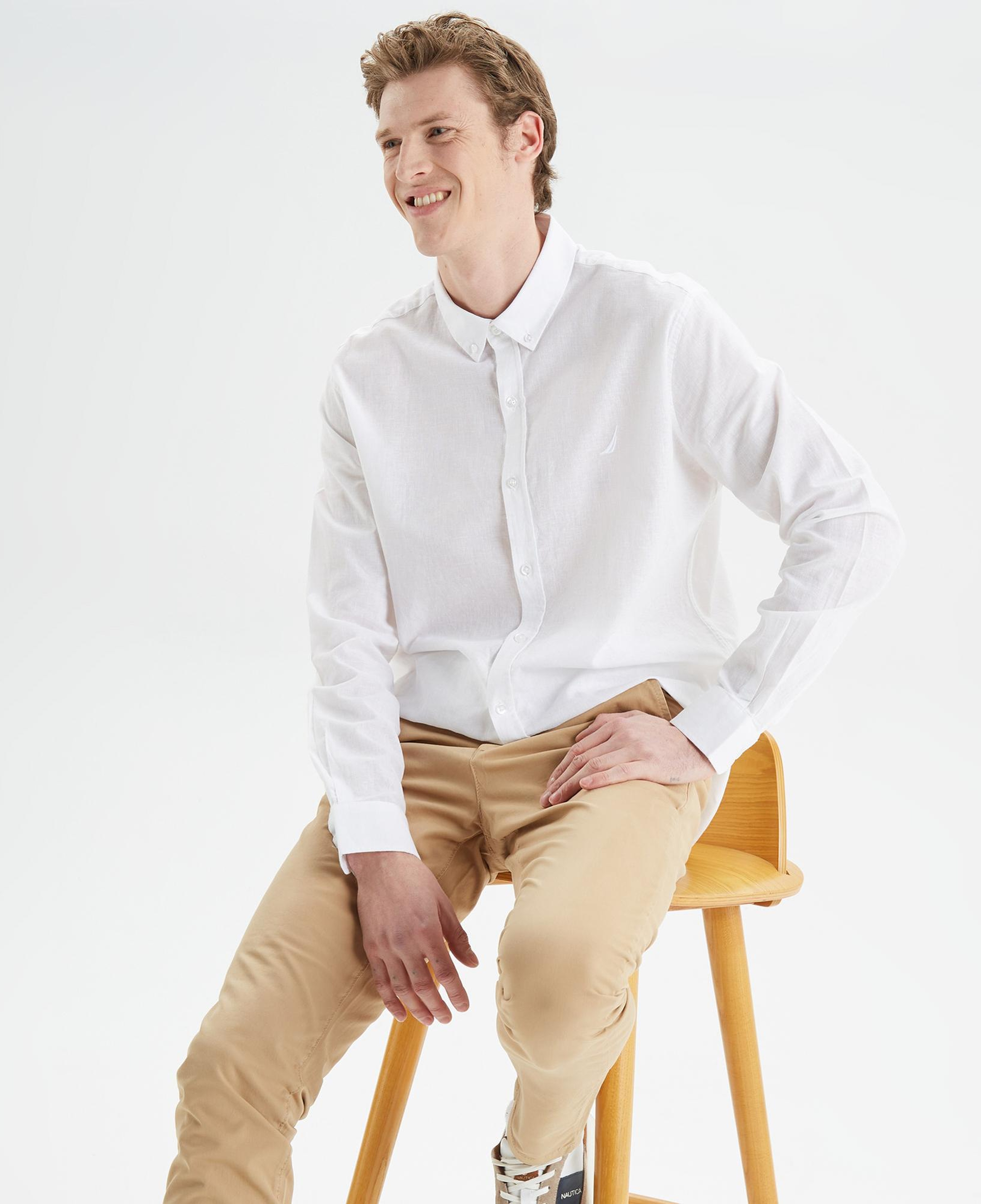 Nautica Erkek Beyaz Slim Fit Uzun Kollu Keten Gömlek